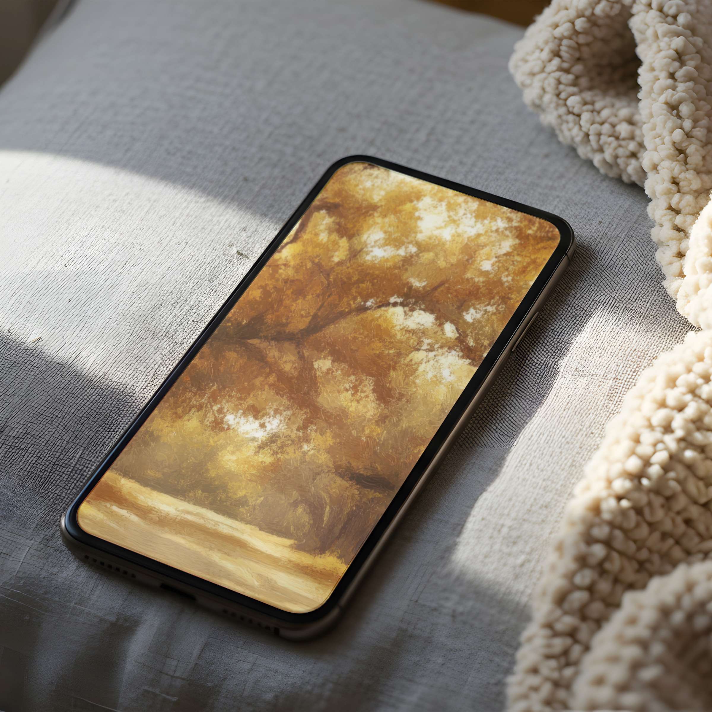 Warm autumn-inspired phone wallpaper with golden hues, perfect for iPhone and Android, offering tranquility and a curated digital download