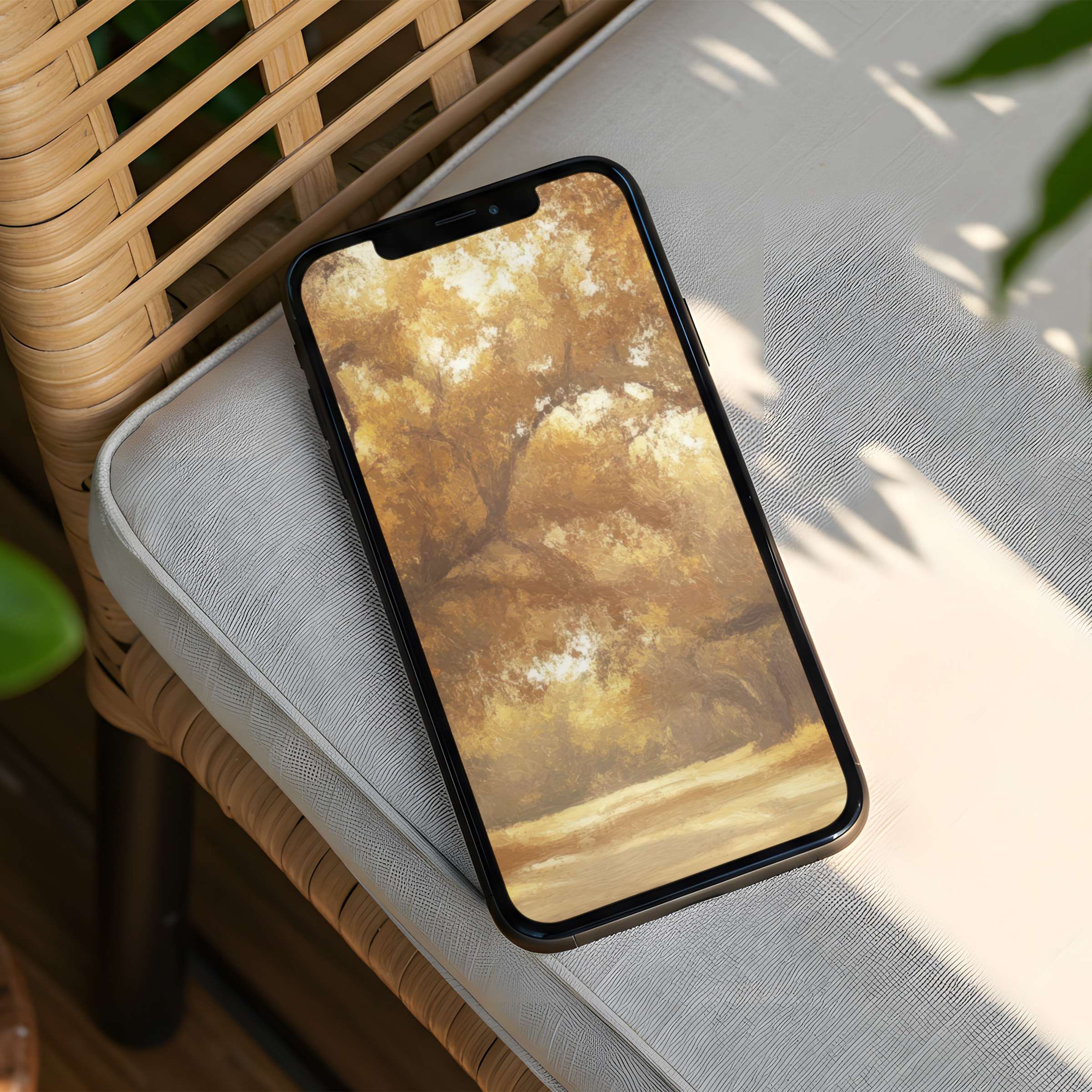 Elegant iPhone background featuring serene autumn trees in warm hues offers instant download for mindful phone decor