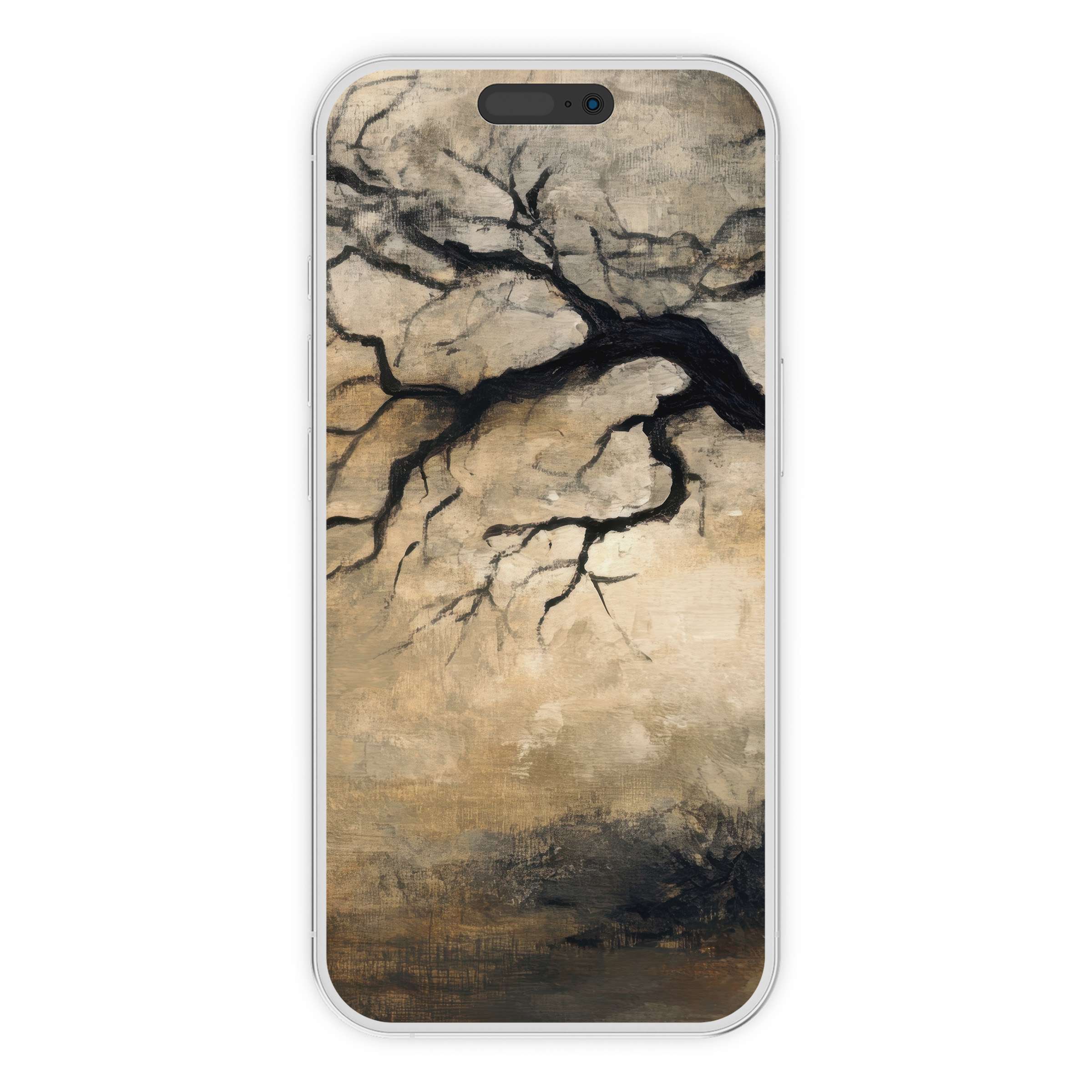 Elegant digital download of a tree iPhone wallpaper, featuring a serene branch in earthy tones, perfect phone background for design lovers