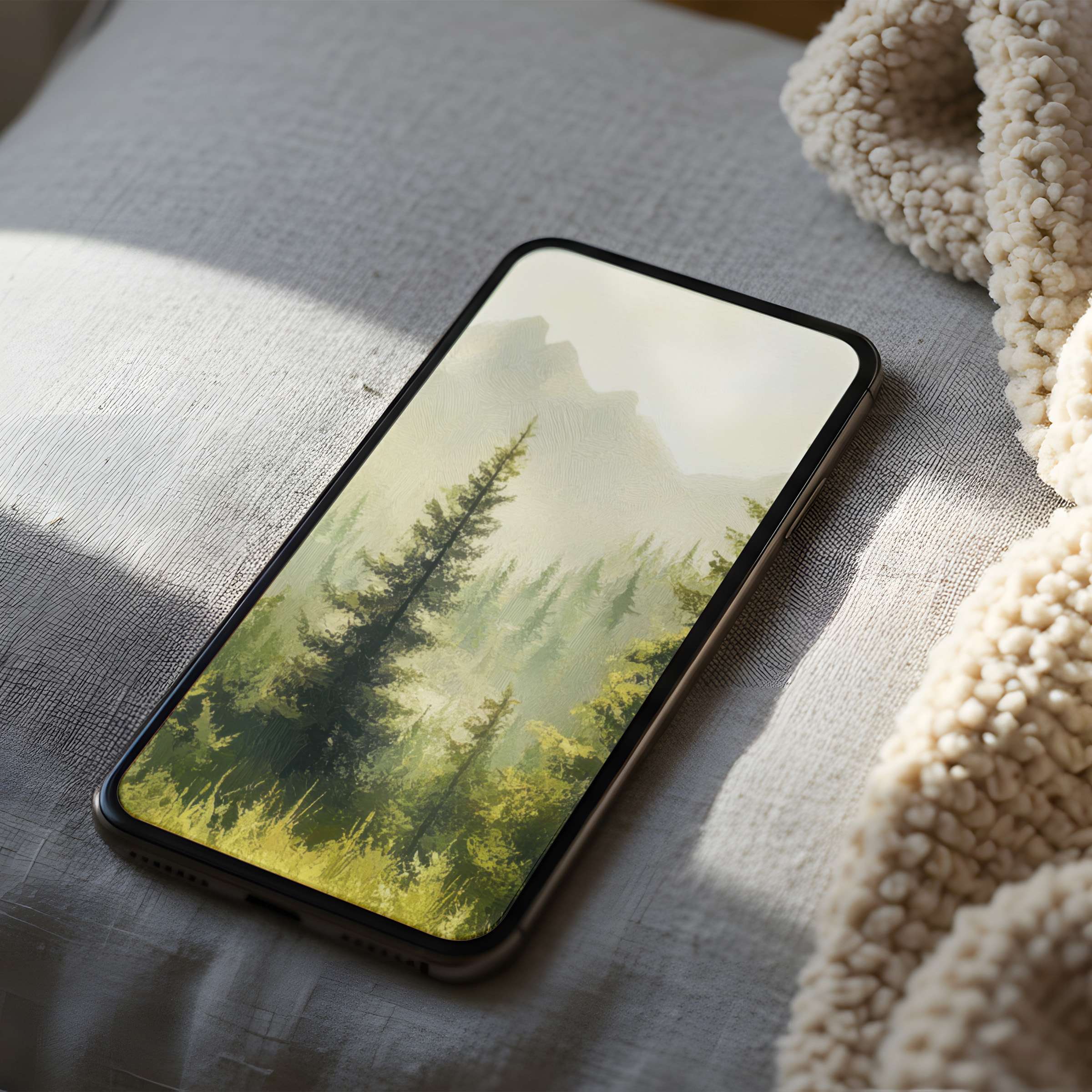Serene forest landscape phone wallpaper with soft green hues suitable for iPhone and Android digital downloads enhancing calm aesthetics