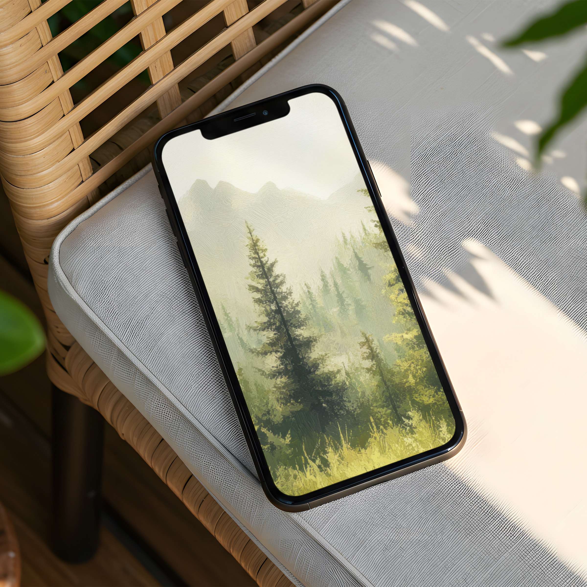 Serene forest-inspired iPhone background evokes calm and mindfulness with soft greens and yellows for your phone instant download