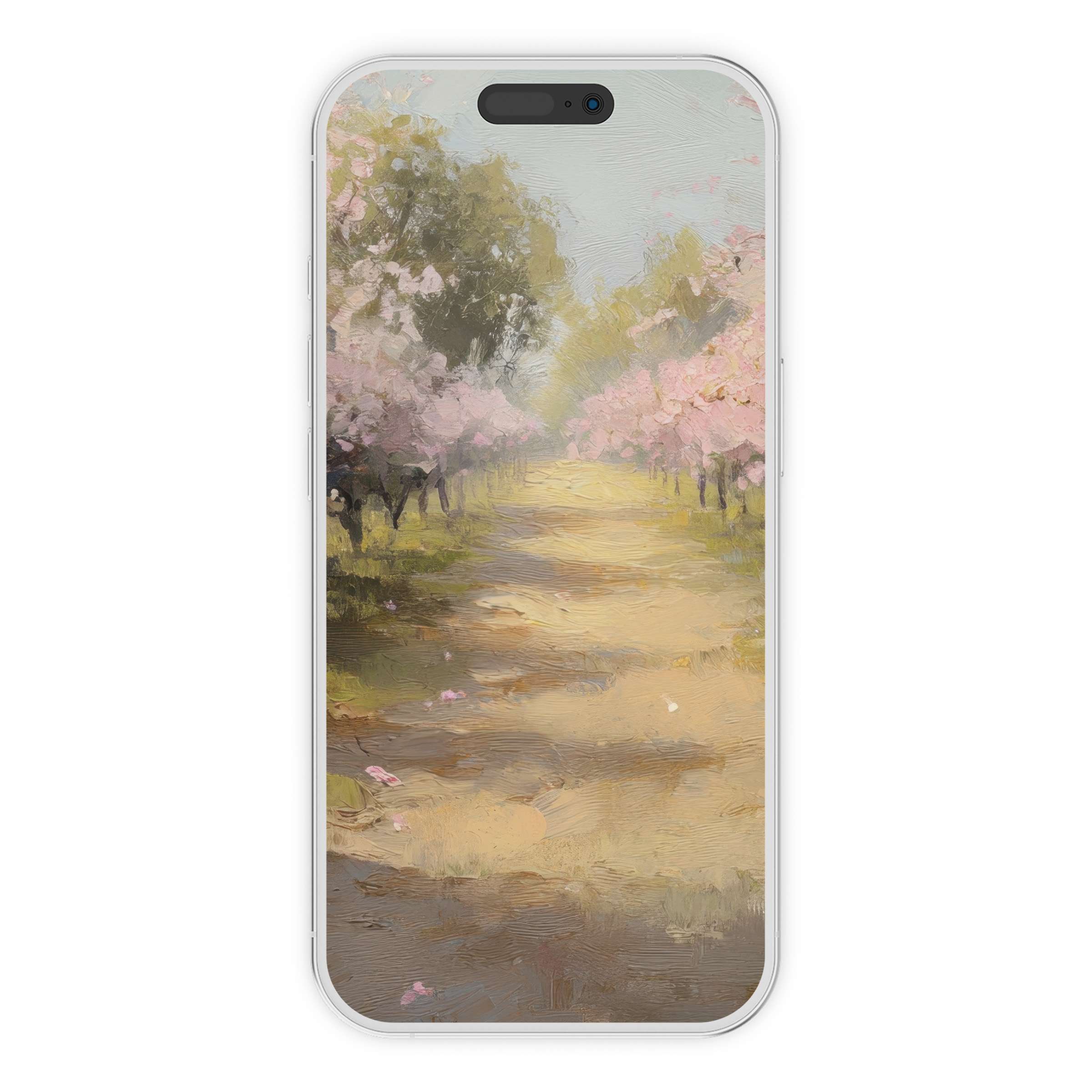 Elegant digital download of a serene path lined with blossoming trees in a soft pastel painting for iPhone wallpaper phone background