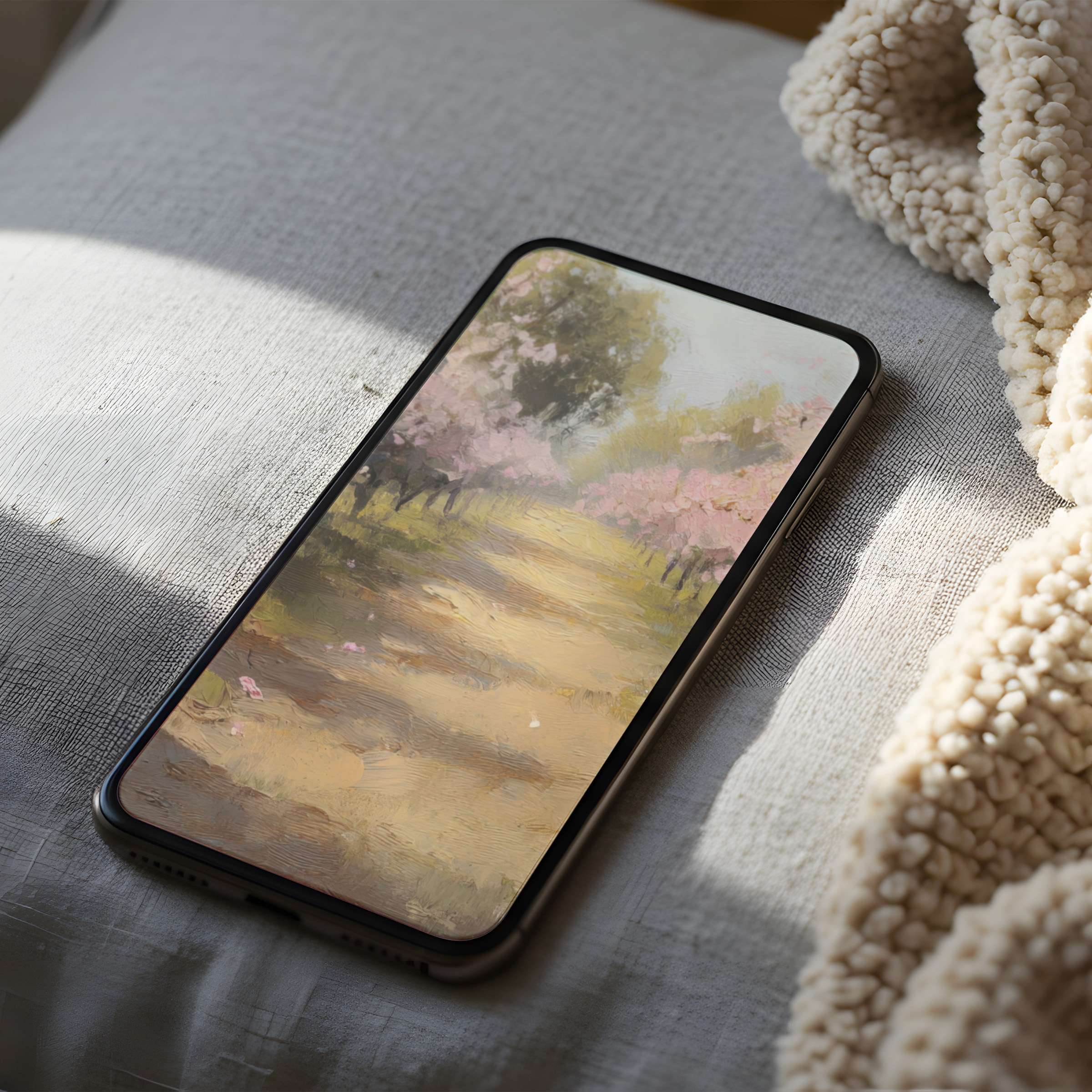 Elegant phone wallpaper featuring a serene pastel landscape, perfect for iPhone and android, offering calmness via digital download
