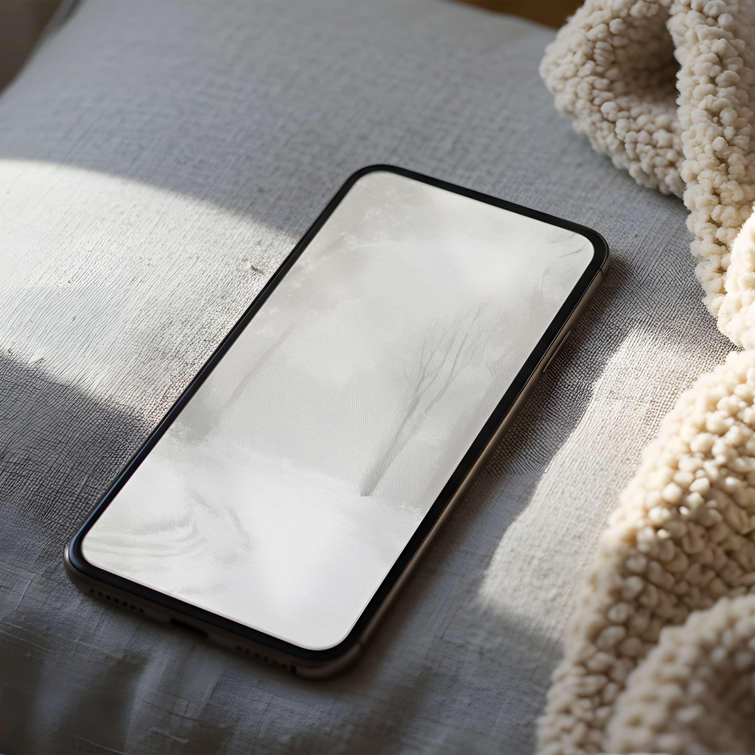Serene minimalist phone wallpaper featuring a snowy landscape in high resolution, perfect for iPhone and Android digital download