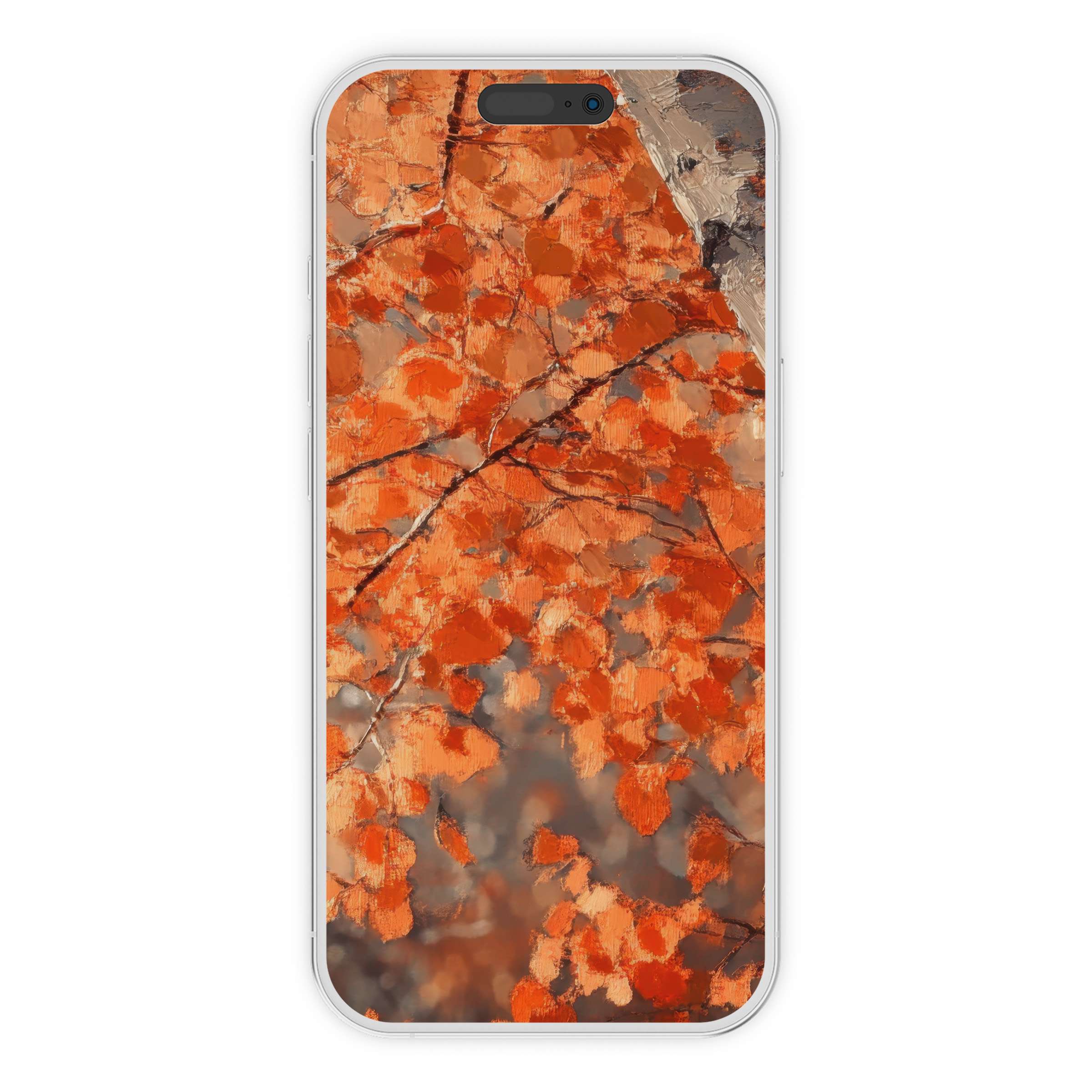 Elegant digital download tree iPhone wallpaper in warm autumn hues offers a calming phone background, perfect for any device