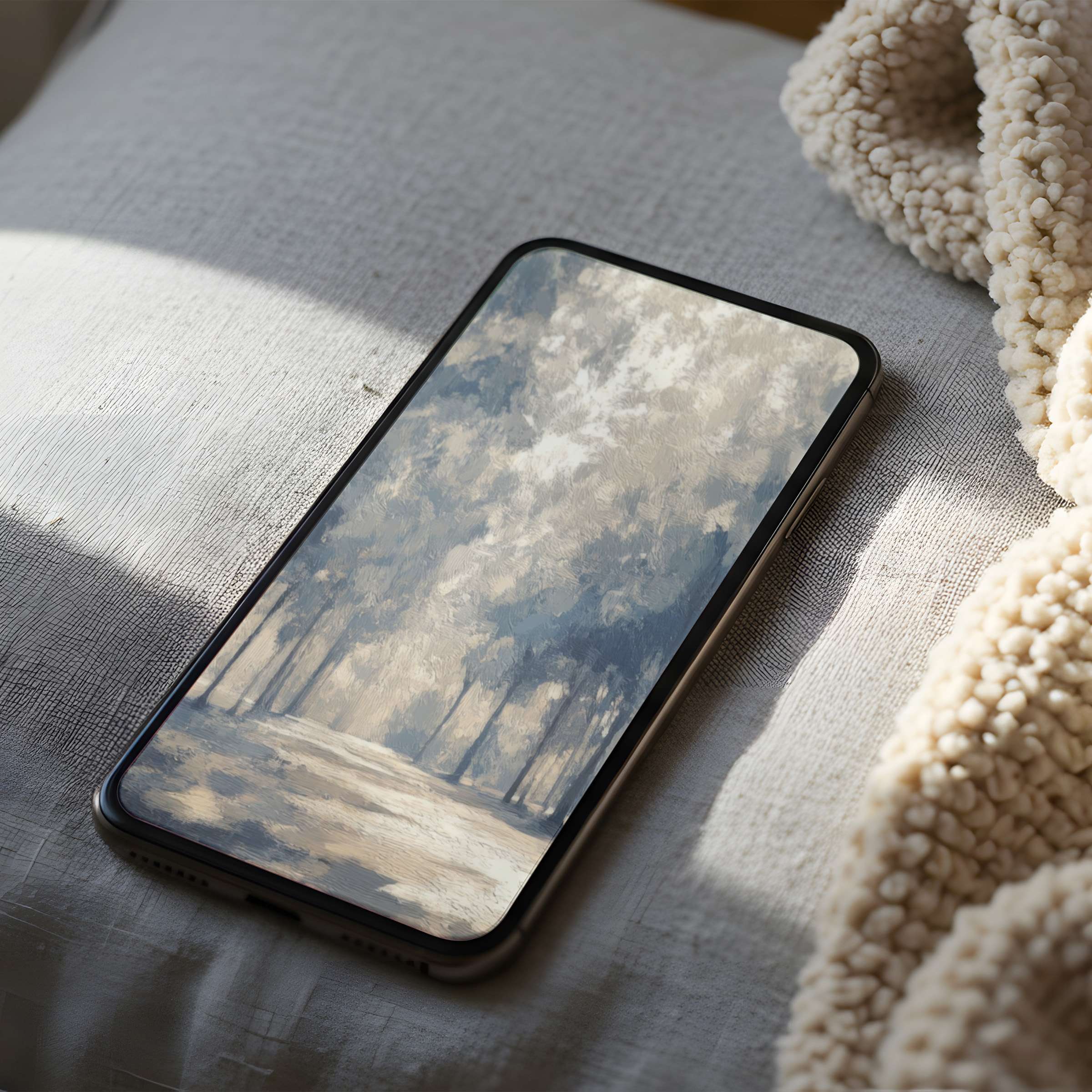 Elegant phone wallpaper featuring serene abstract forest in muted tones, ideal for iPhone and Android high resolution digital download