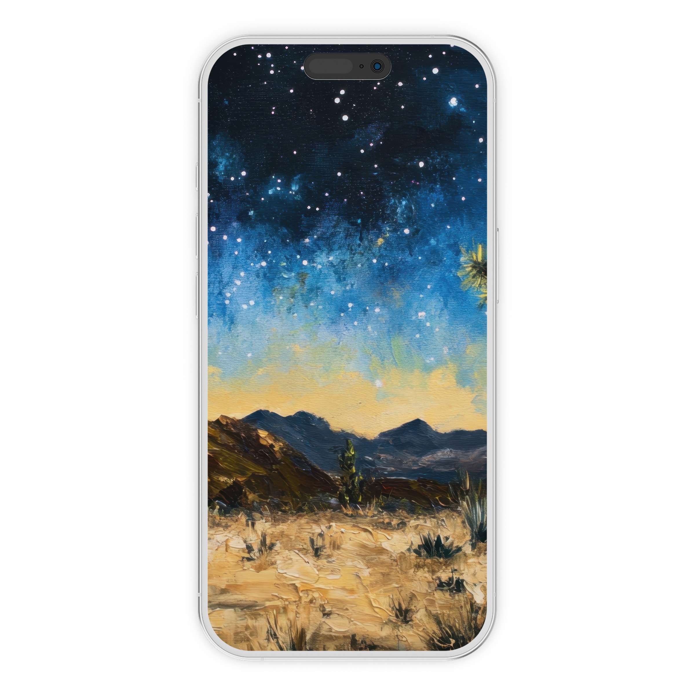 Starry desert landscape digital download, tree iPhone wallpaper offers serene phone background for iPhone and Android users seeking elegance