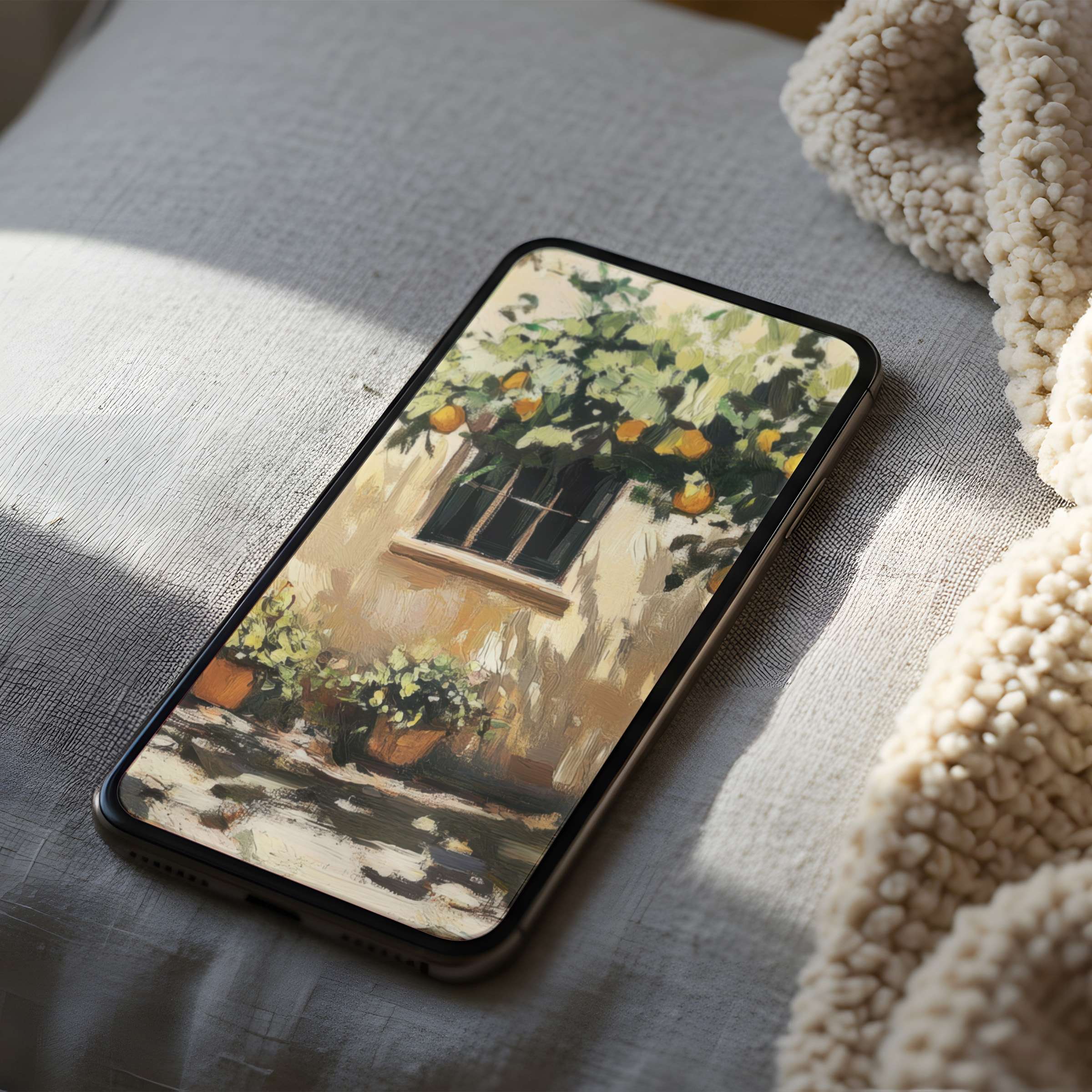 Elegant phone wallpaper featuring a serene painting with lush greenery and soft light suitable for iPhone and Android digital download