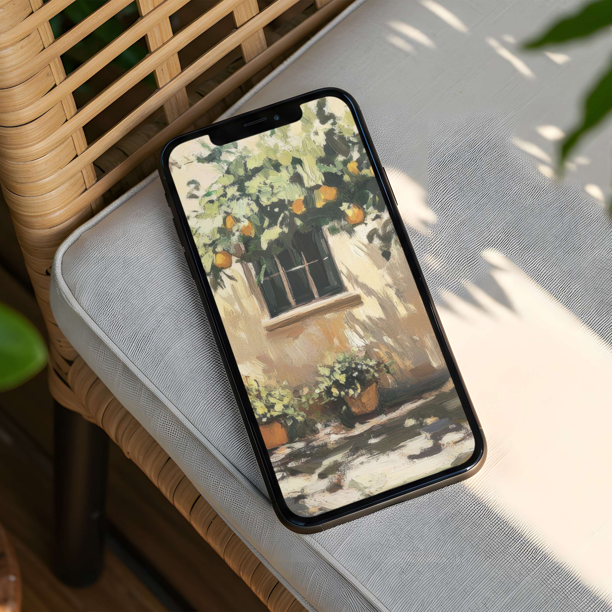 Tranquil iPhone background with sunlit garden art evokes calm and elegance for instant download on any phone for mindful aesthetics