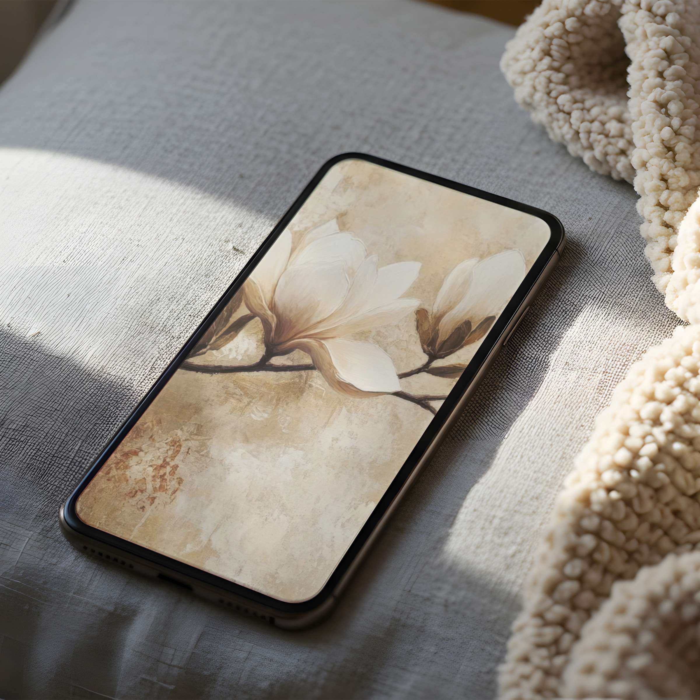 Elegant phone wallpaper featuring soft magnolia blossoms on a textured background, perfect for iPhone or Android digital download
