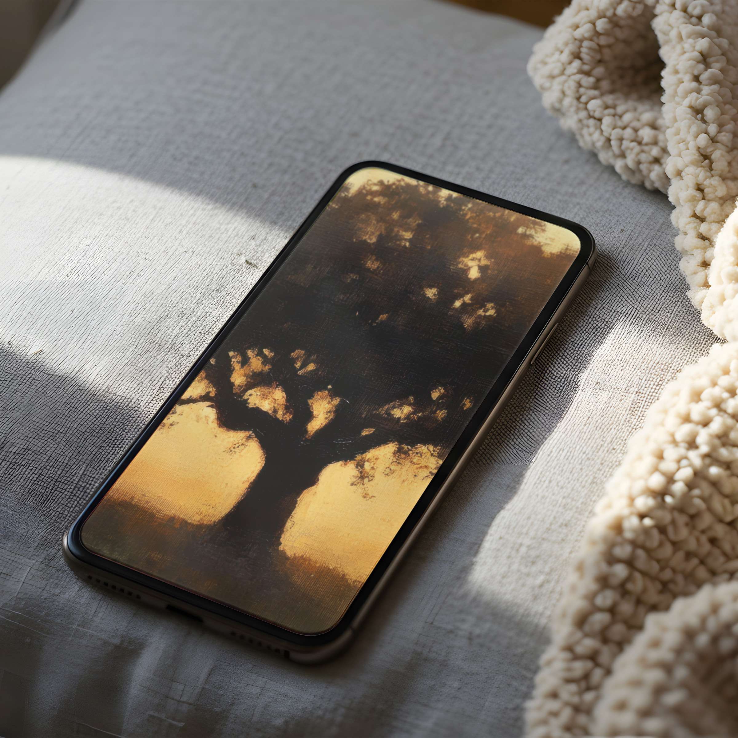 Elegant tree silhouette phone wallpaper featuring warm tones, offering high resolution for iPhone and Android, perfect digital download