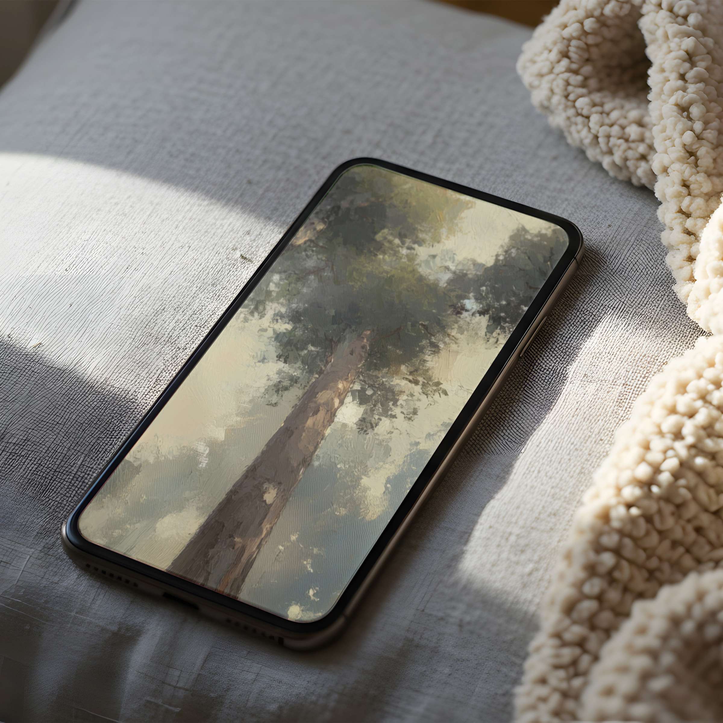 Serene tree motif phone wallpaper offers calming aesthetics for iPhone or Android in a high-resolution digital download format
