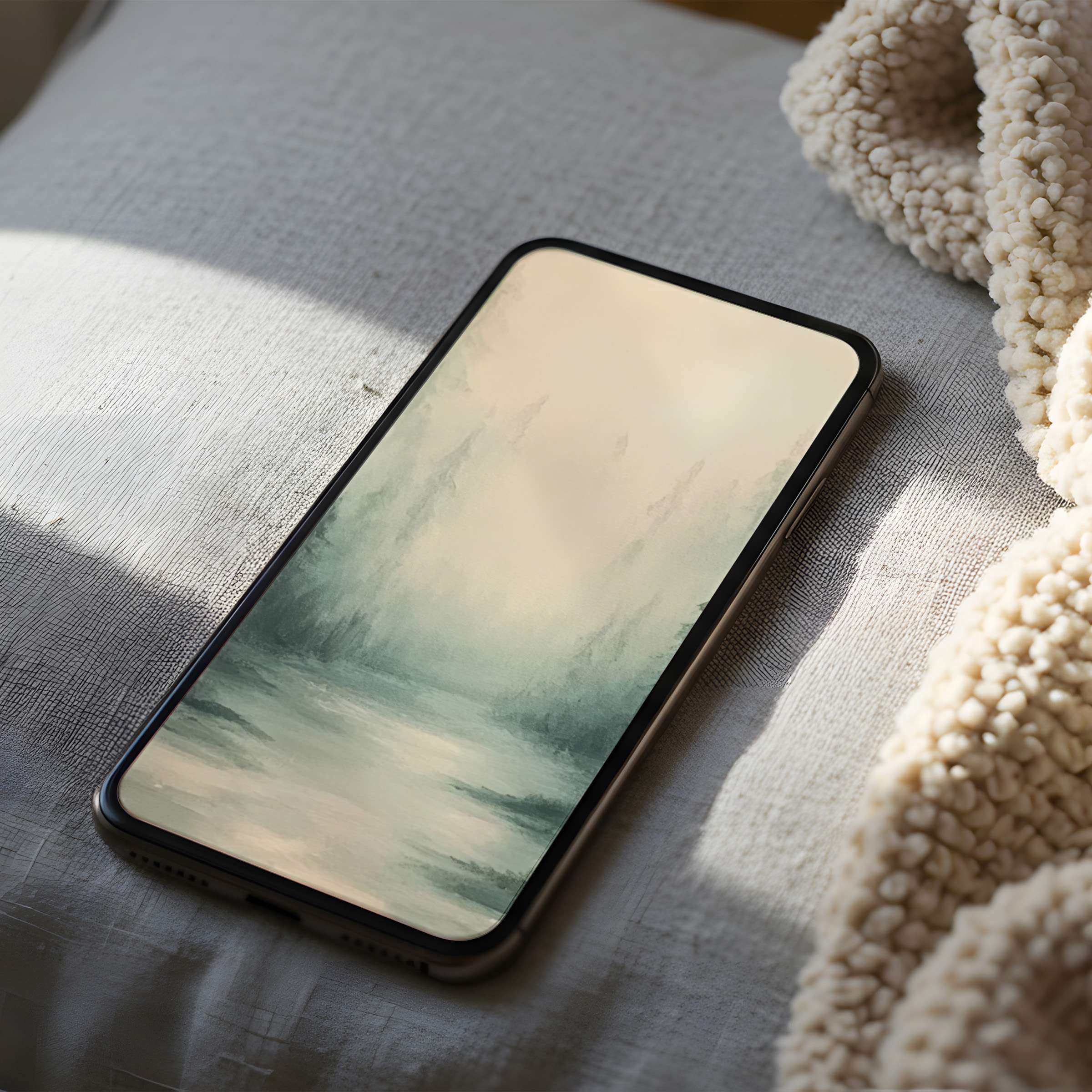 Elegant phone wallpaper featuring serene misty forest landscape in soft pastels, ideal for high resolution iPhone and Android download