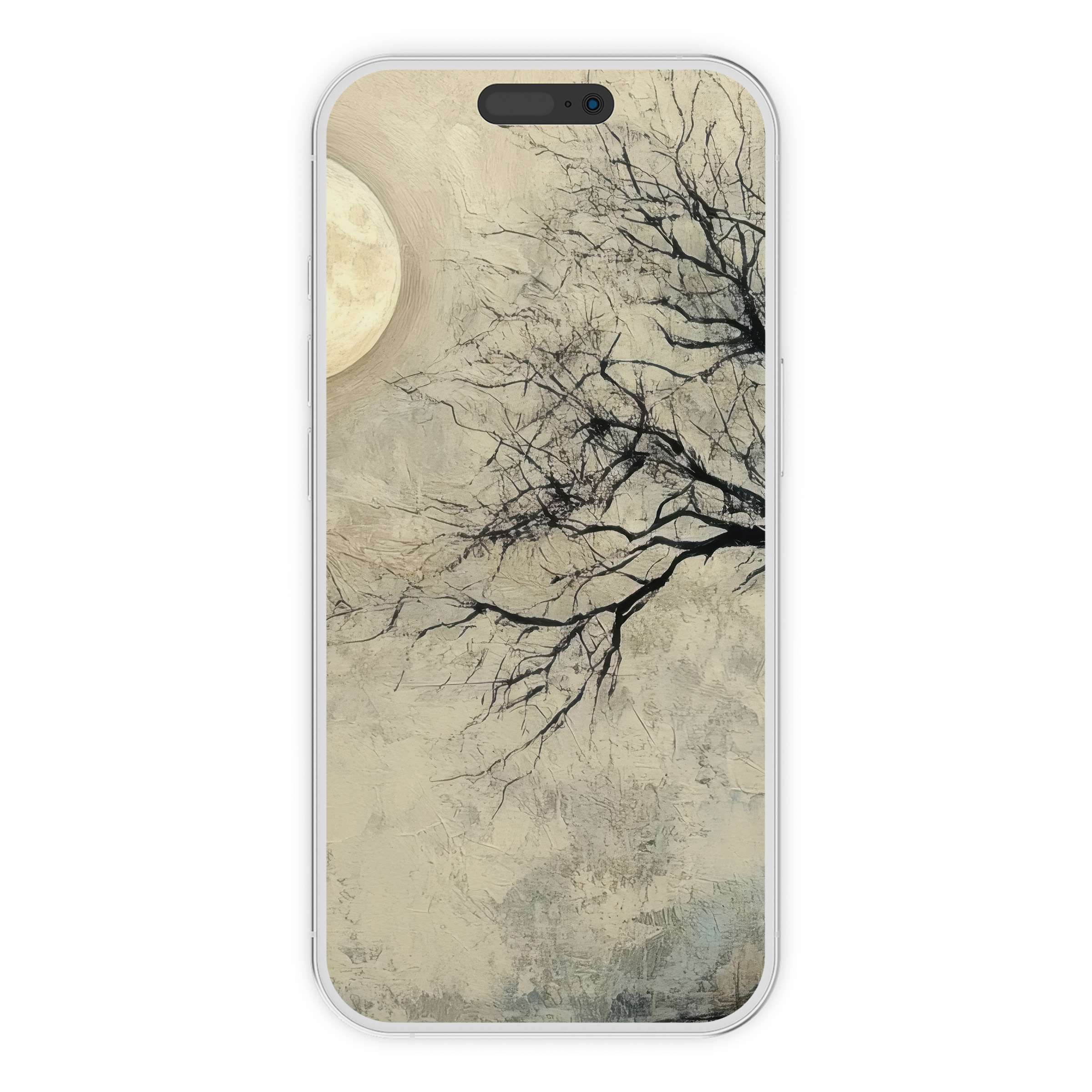 Digital download tree iPhone wallpaper features an elegant moonlit silhouette on a textured background, perfect for phone aesthetics