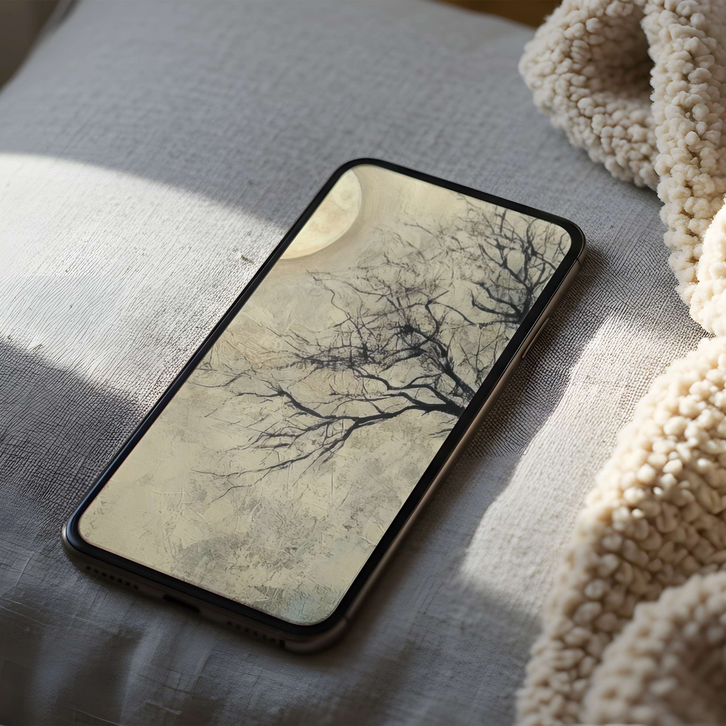 Serene phone wallpaper featuring a high-resolution monochrome tree silhouette against a moonlit sky, perfect for iPhone and Android phones