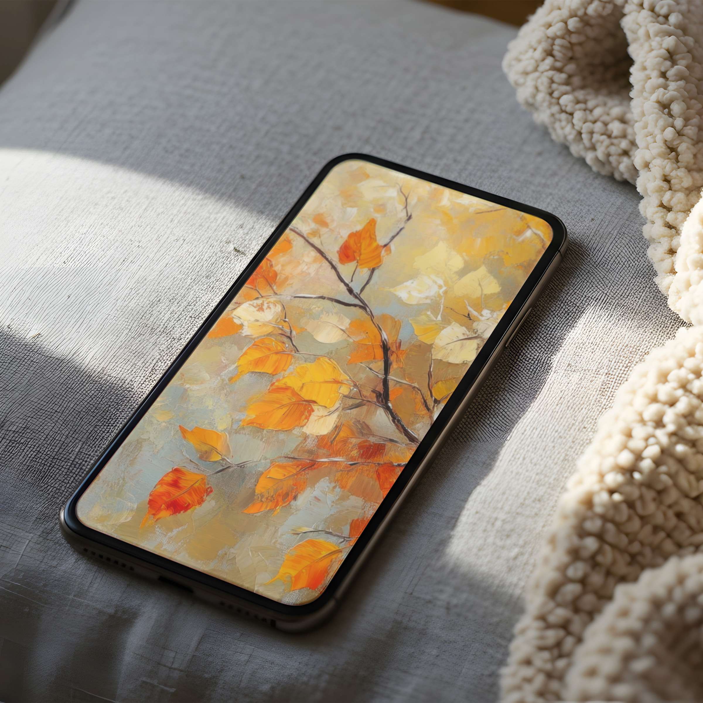 Elegant autumn-themed phone wallpaper in high resolution with warm tones and textured leaves, perfect for iPhone and Android devices