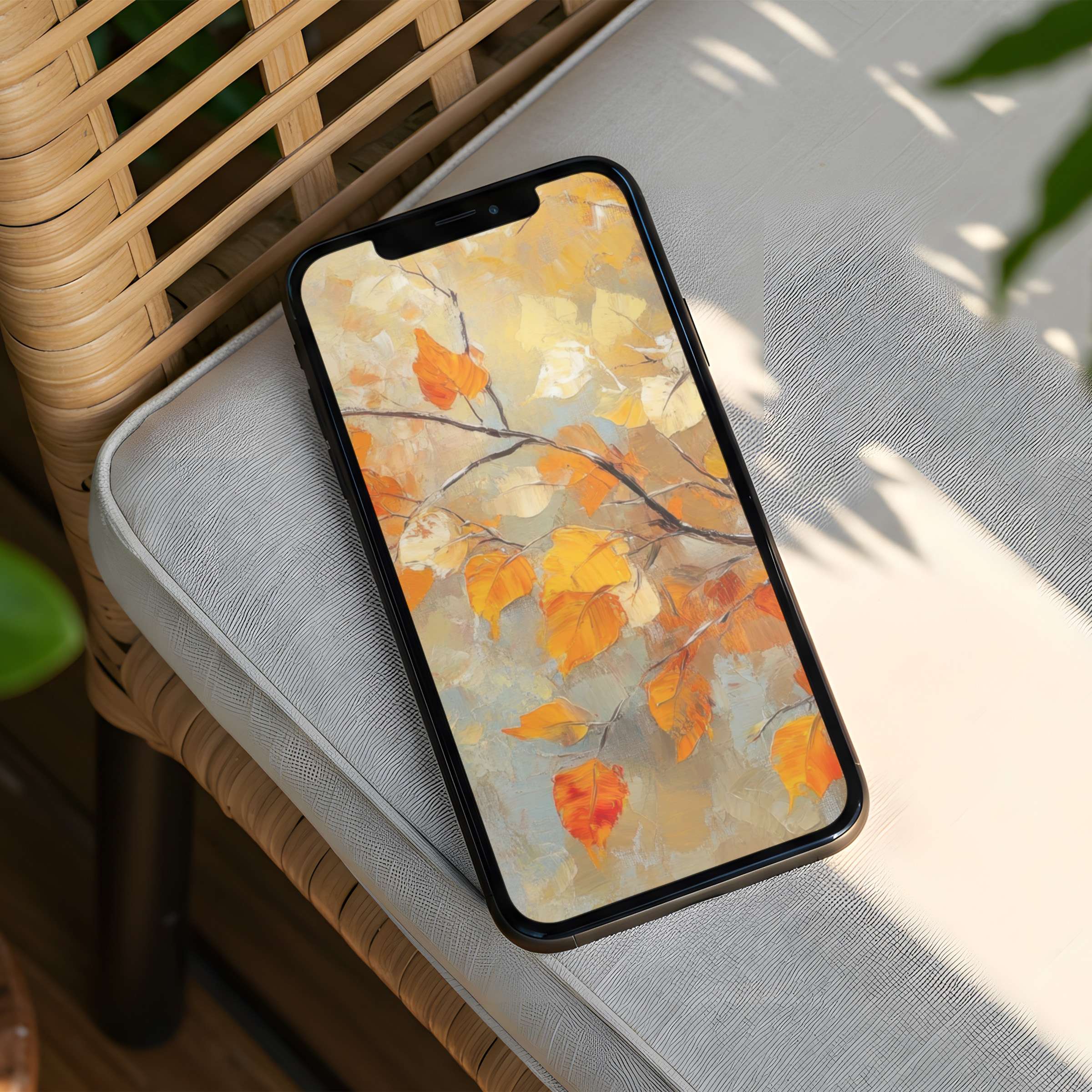 Elegant iPhone background featuring autumn leaves with calming hues for phone screens offers instant download for mindful inspiration