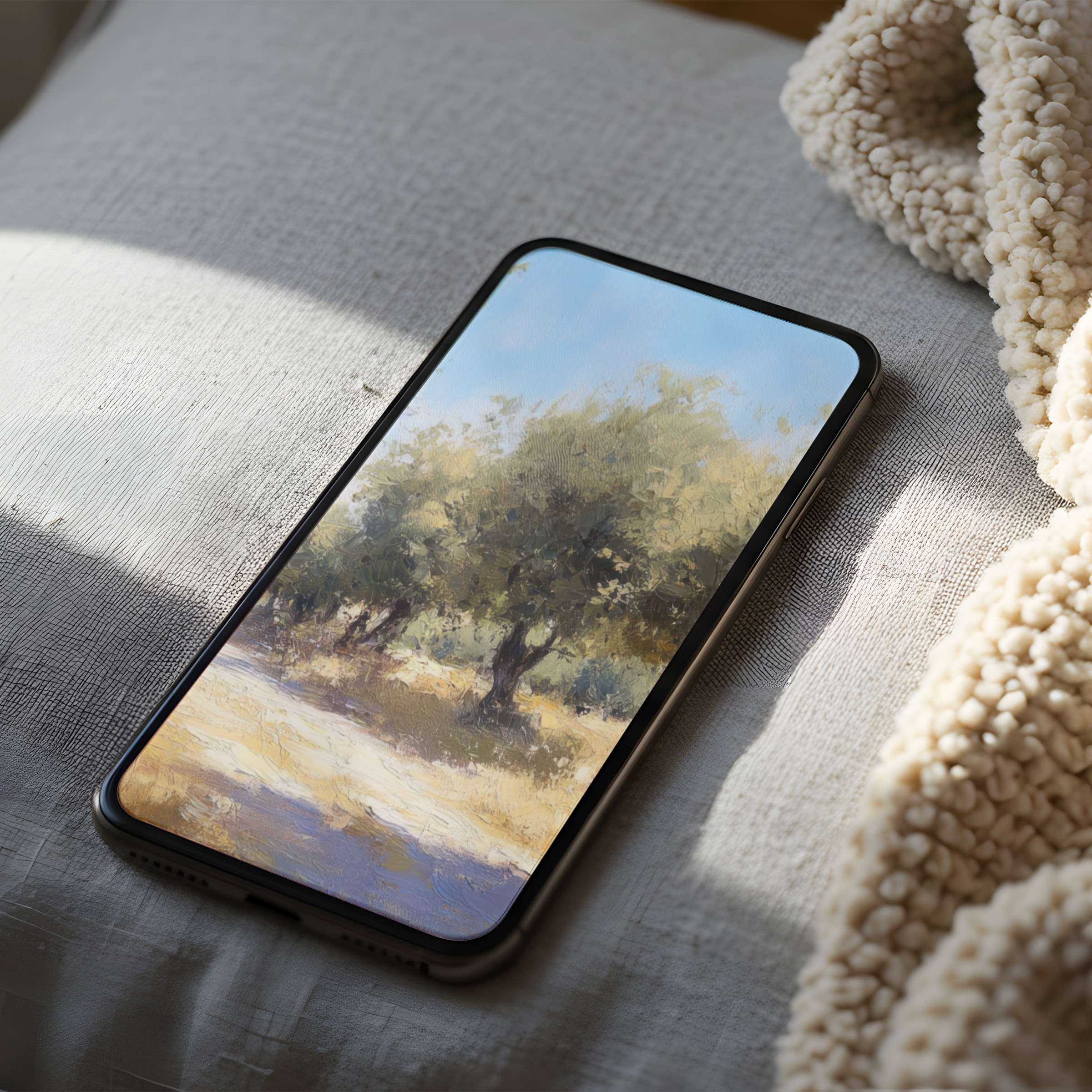 Tranquil landscape phone wallpaper featuring serene olive trees for iPhone and android phones offering high resolution digital download
