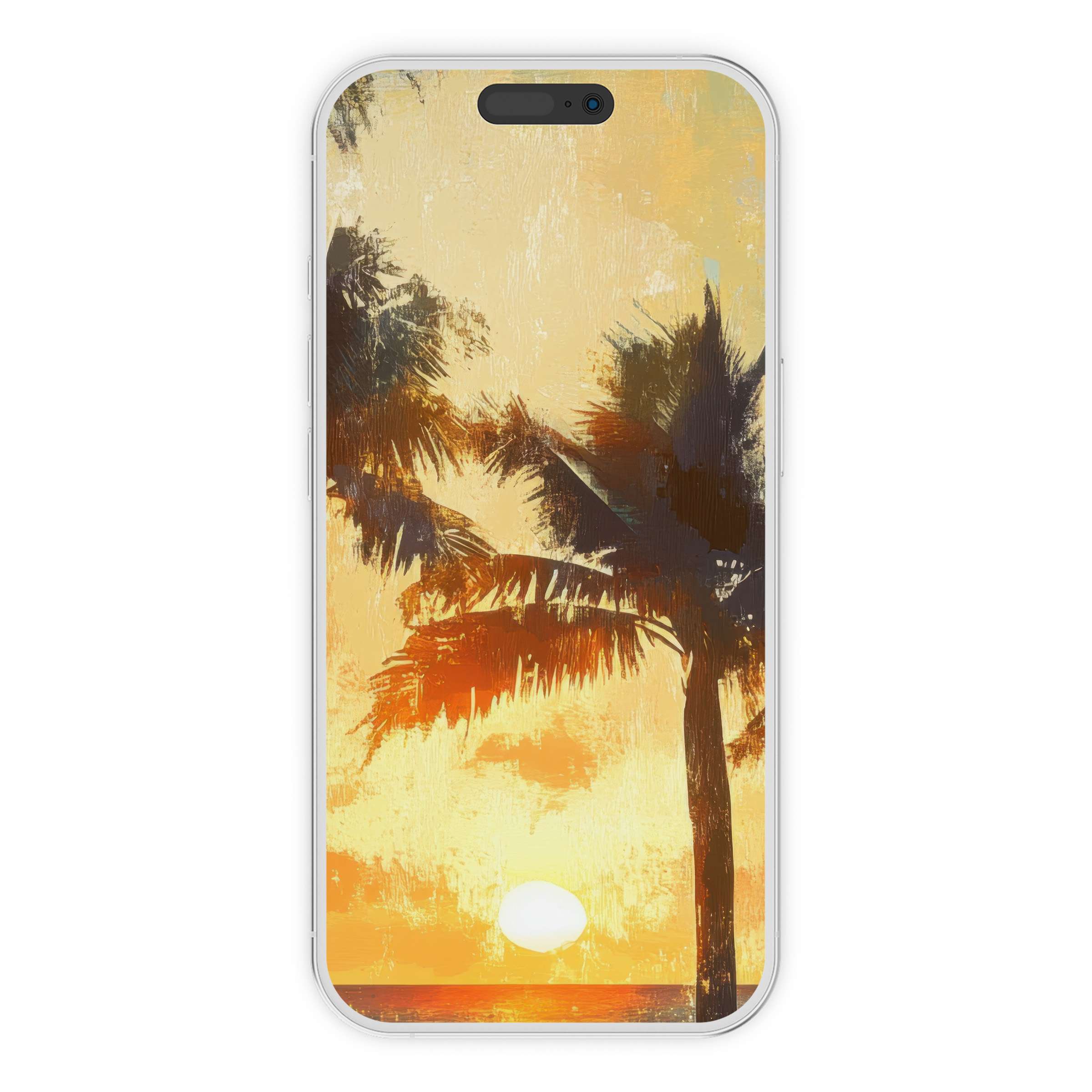 Sunset palm silhouette tree iPhone wallpaper as a digital download offering a serene phone background for iPhone and Android users