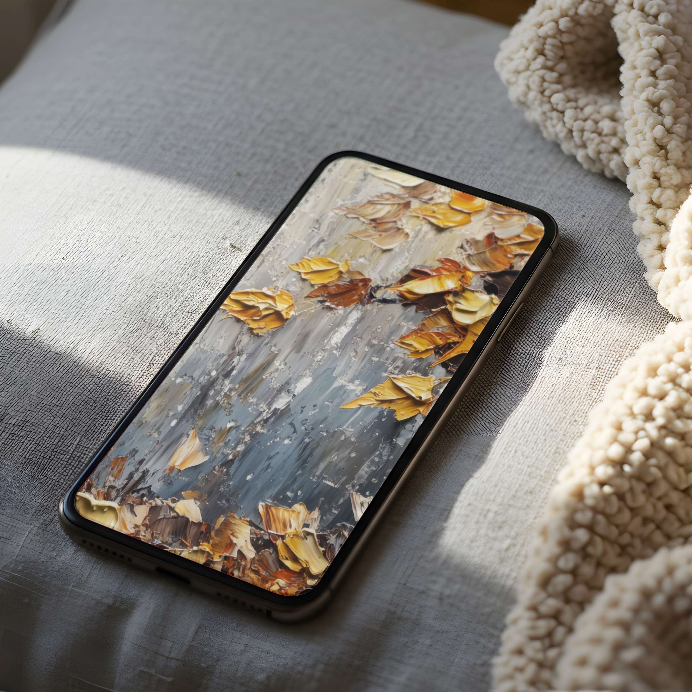 Elegant autumn leaves phone wallpaper in high resolution, offering serene digital download for iPhone and Android, enhancing tranquility