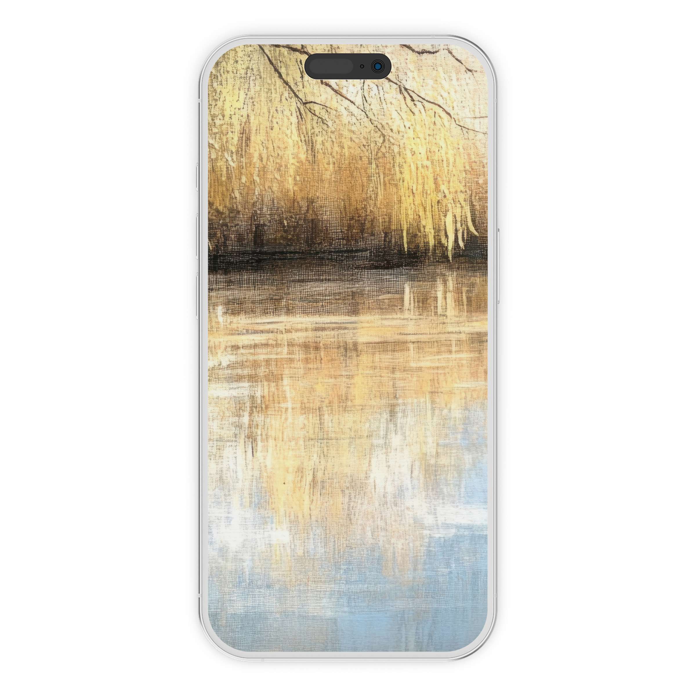Elegant tree iPhone wallpaper with serene golden hues and textured reflections perfect for calming phone background digital download