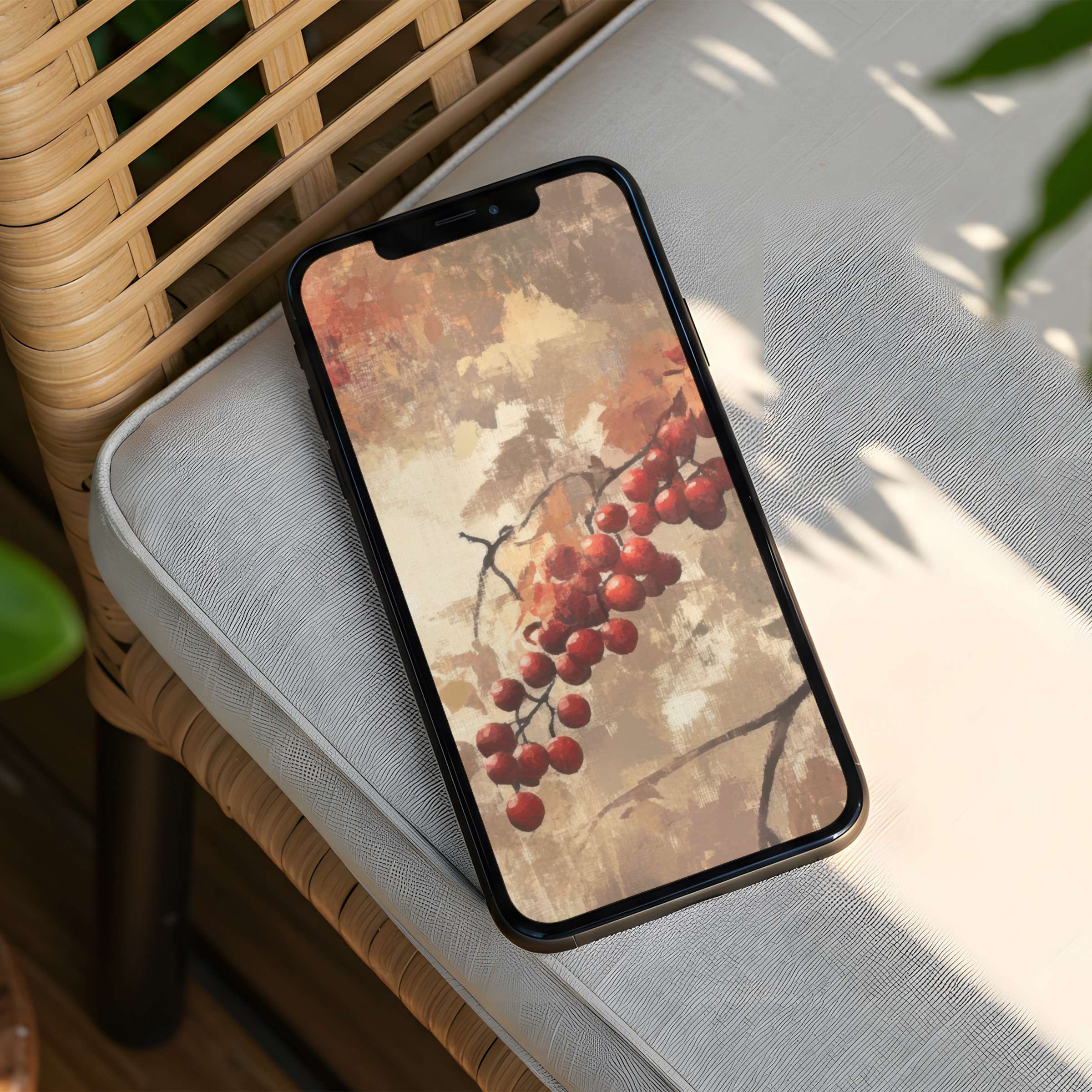 Elegant iPhone background featuring serene red berries with an abstract texture offers instant download for your phone's mindfulness boost