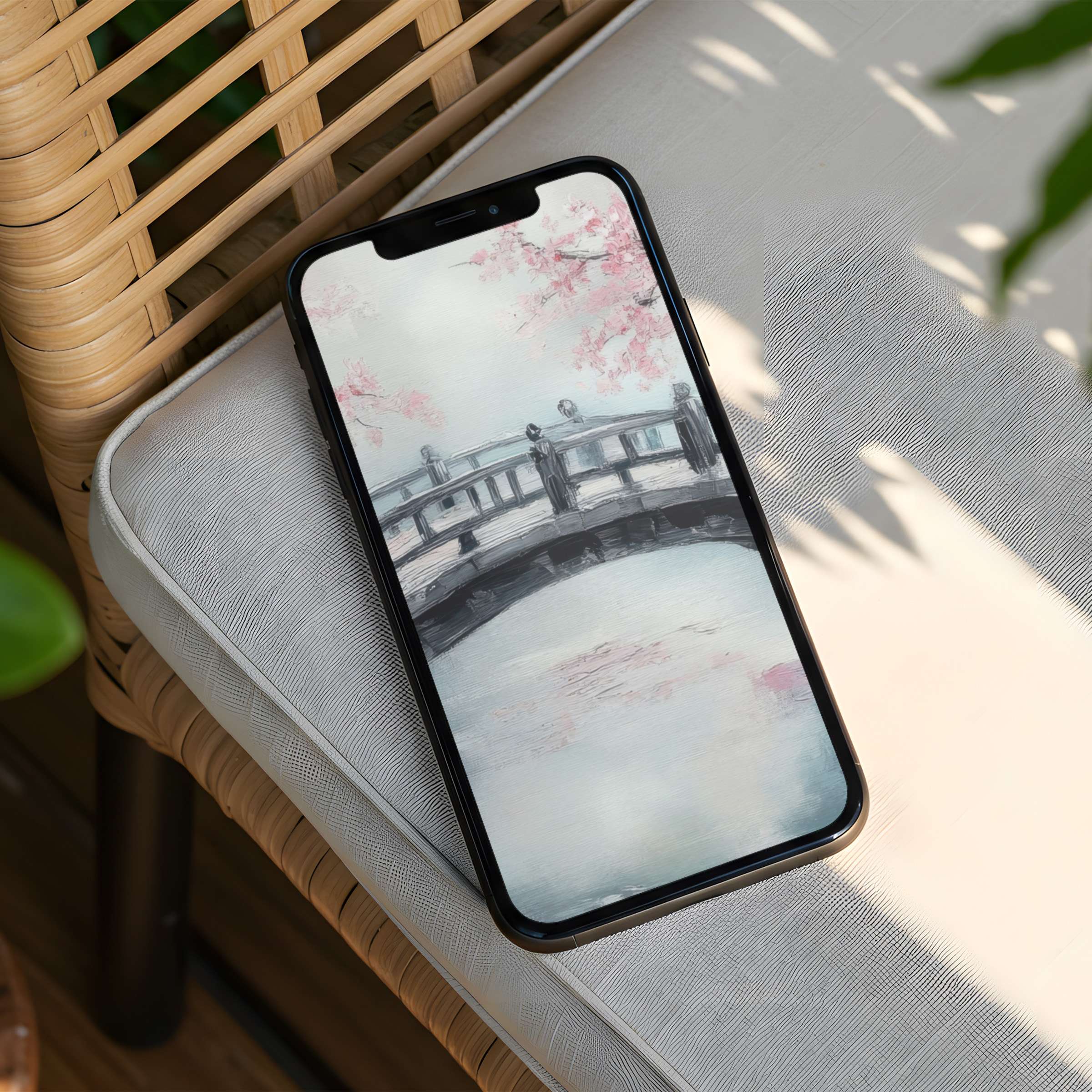 Elegant watercolor of a serene bridge scene as an iPhone background offers instant download for mindful phone aesthetics