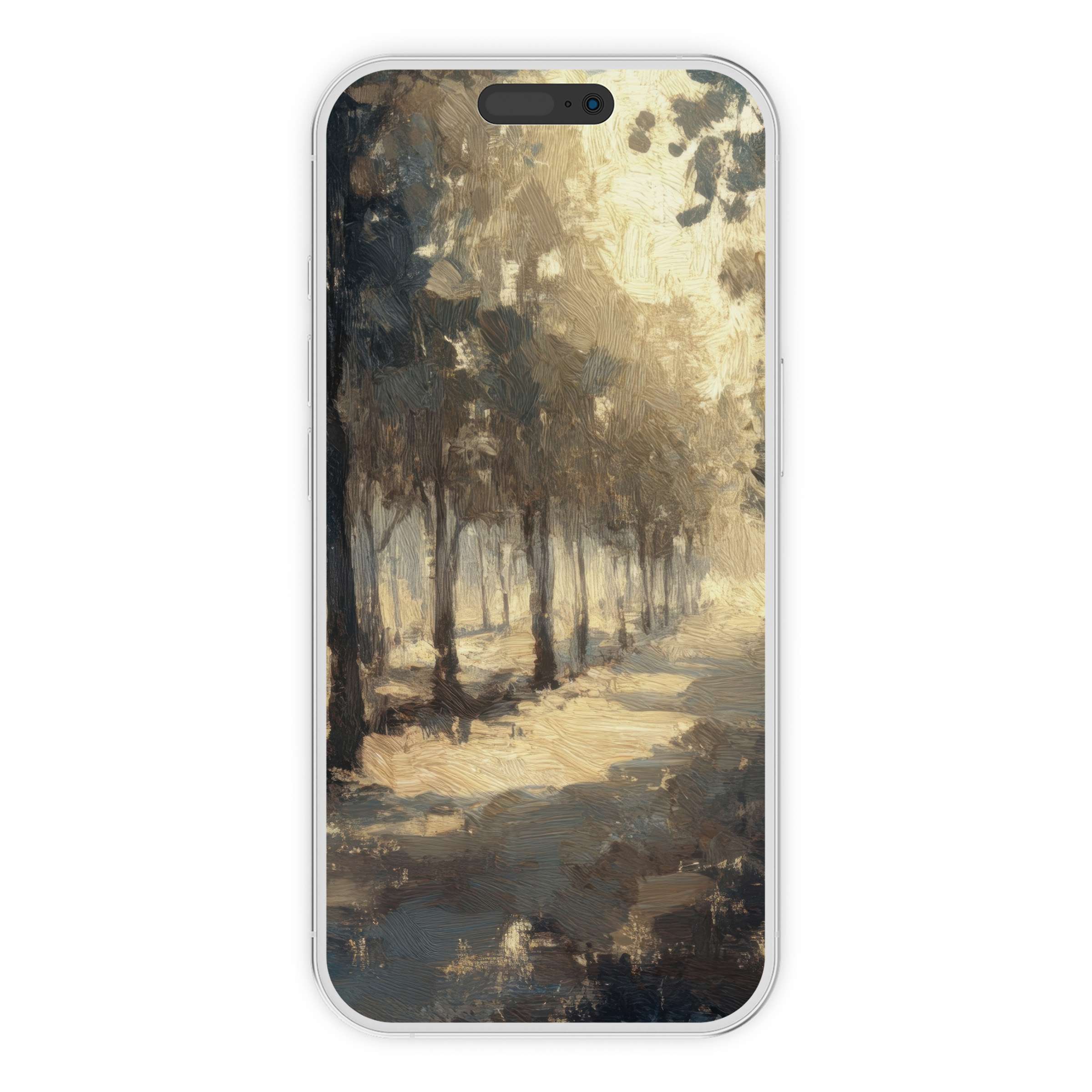 Elegant tree iPhone wallpaper featuring a serene forest path with warm hues, perfect phone background for digital download and relaxation