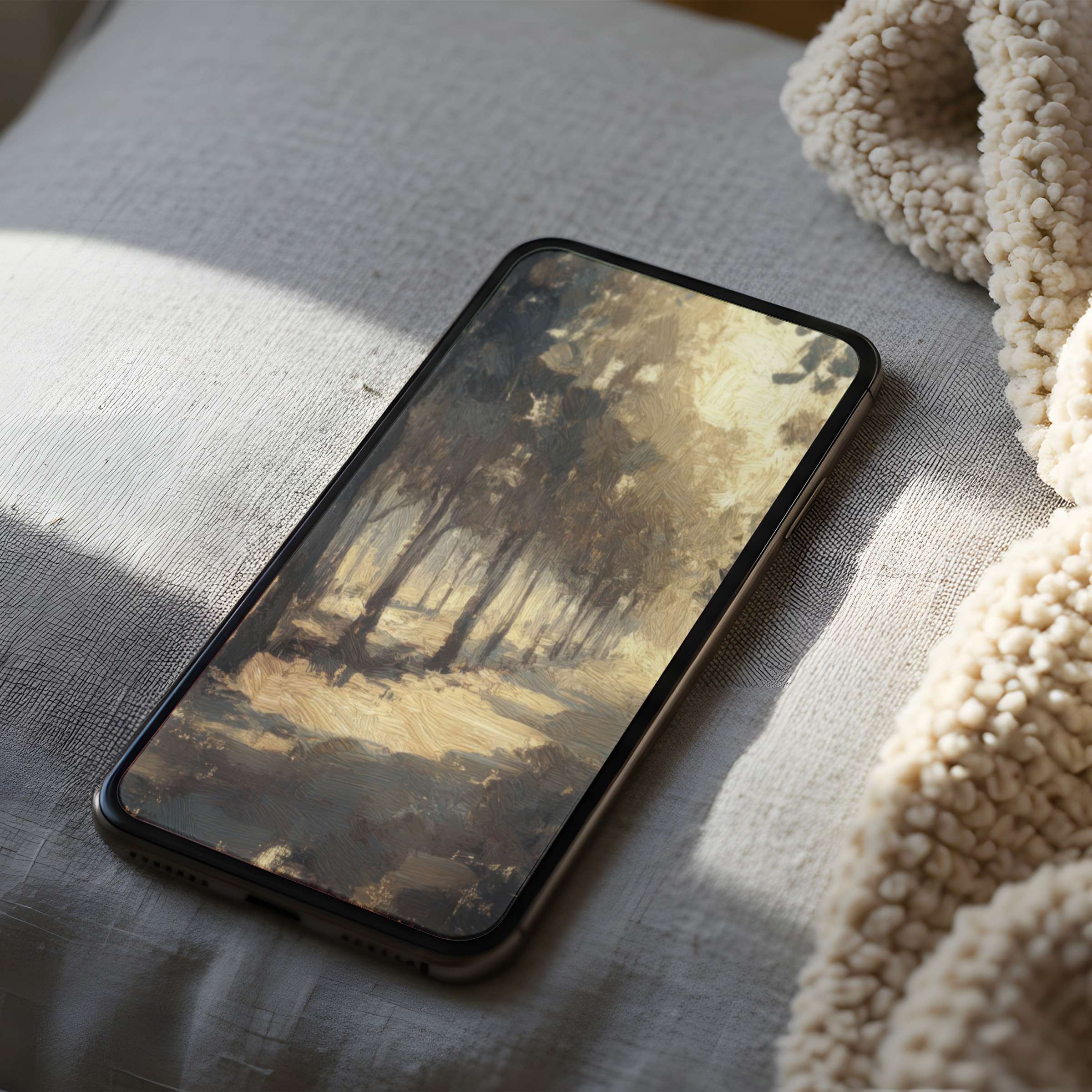 Elegant phone wallpaper featuring serene forest artistry in soft hues, ideal for high-resolution iPhone and Android digital download use