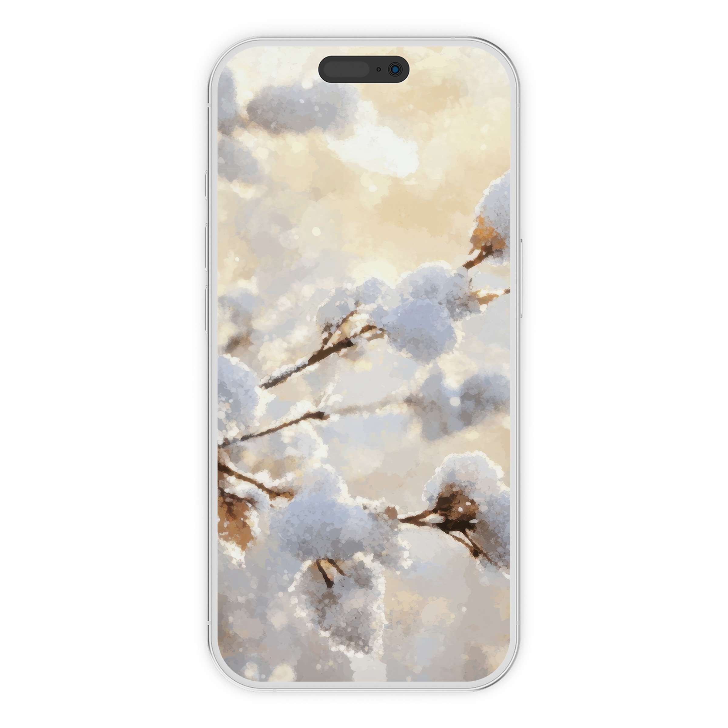 Serene snow-covered branches create a peaceful tree iPhone wallpaper, perfect as a digital download for phone backgrounds