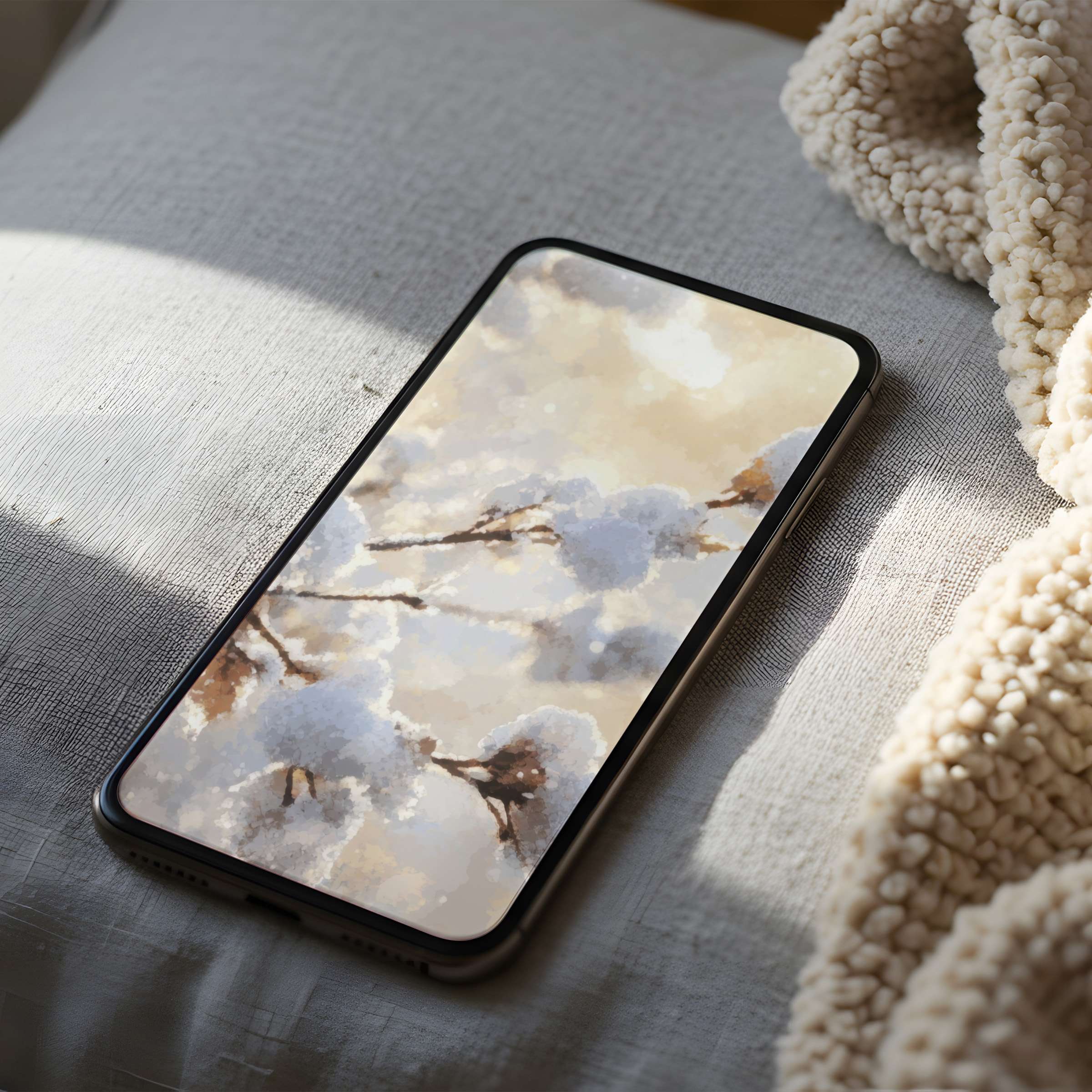 Elegant phone wallpaper featuring serene snow-laden branches designed for high resolution iPhone and Android digital download