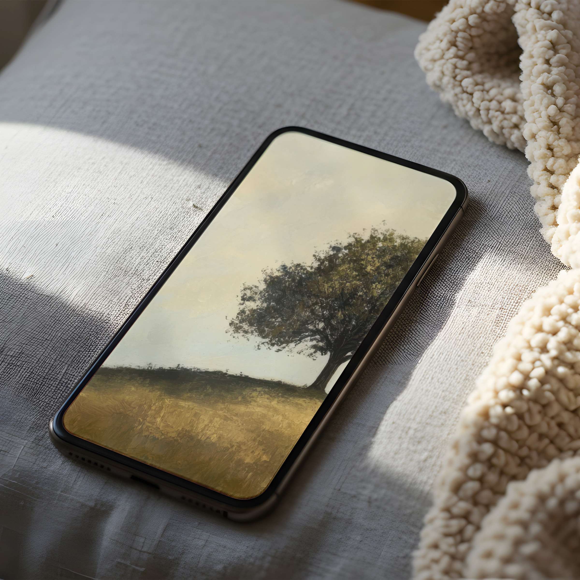 Elegant phone wallpaper features a serene landscape with a lone tree on canvas, perfect for iPhone or Android high resolution download