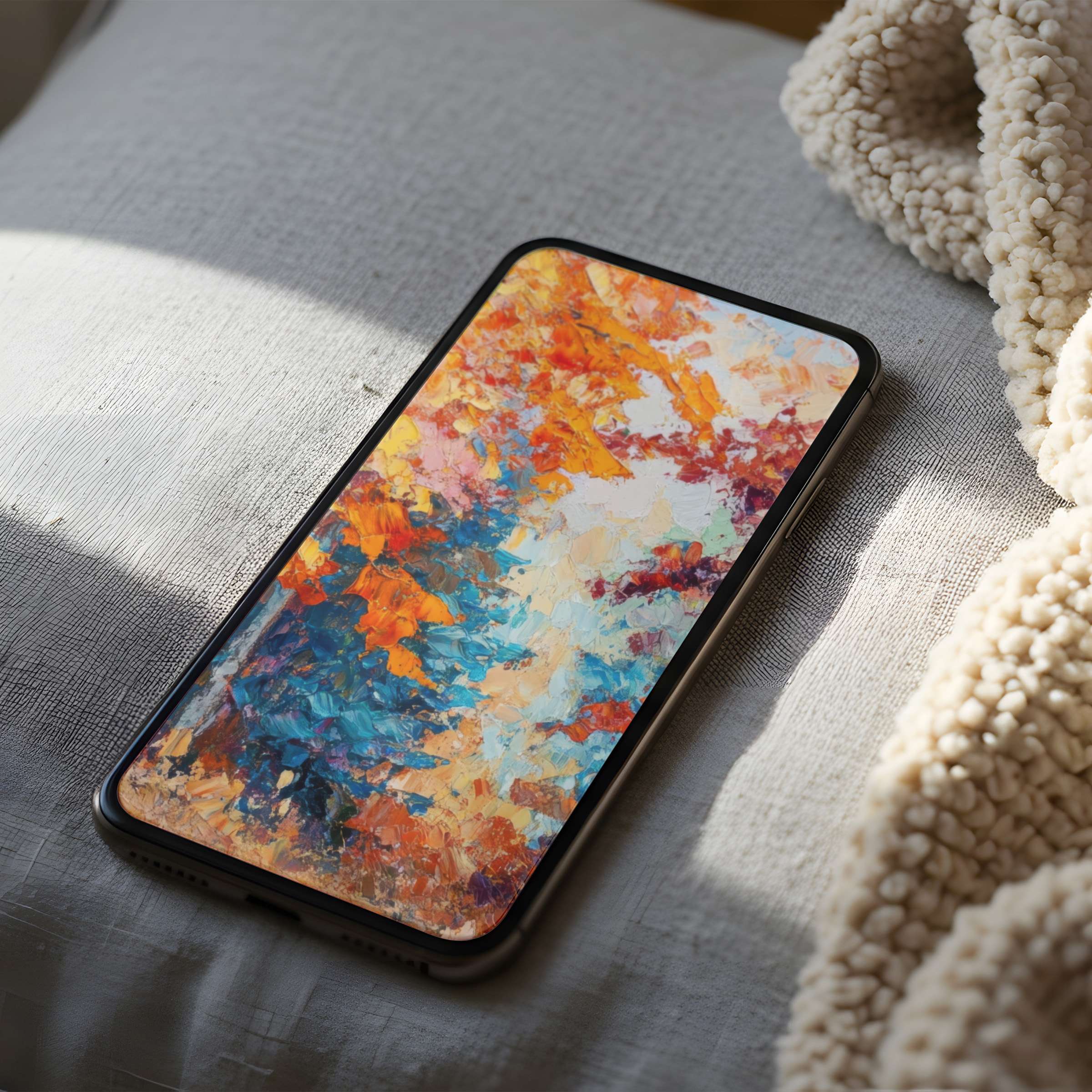 Luxurious abstract phone wallpaper with vibrant orange and blue hues, high resolution for iPhone and Android, digital download elegance