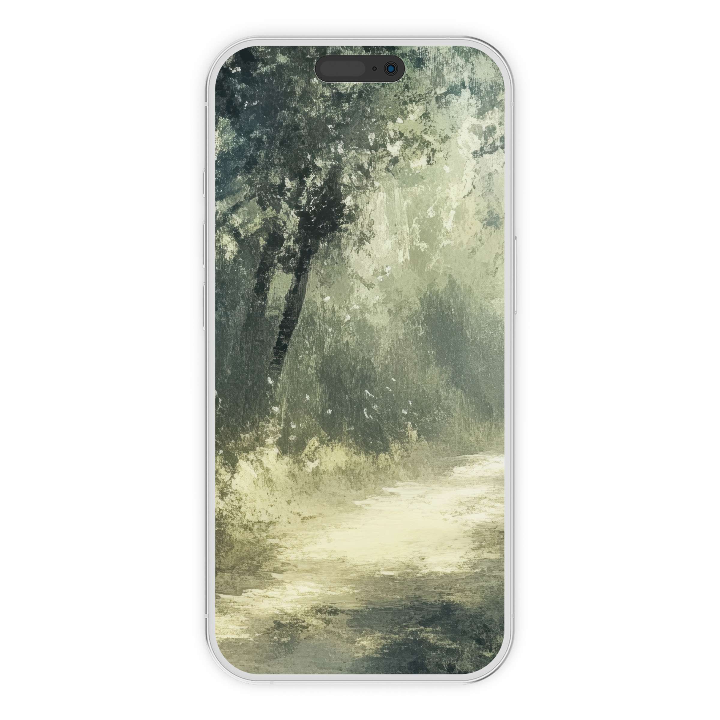 Tranquil digital download showcasing a serene forest path for tree iPhone wallpaper, ideal phone background for iPhones and Androids