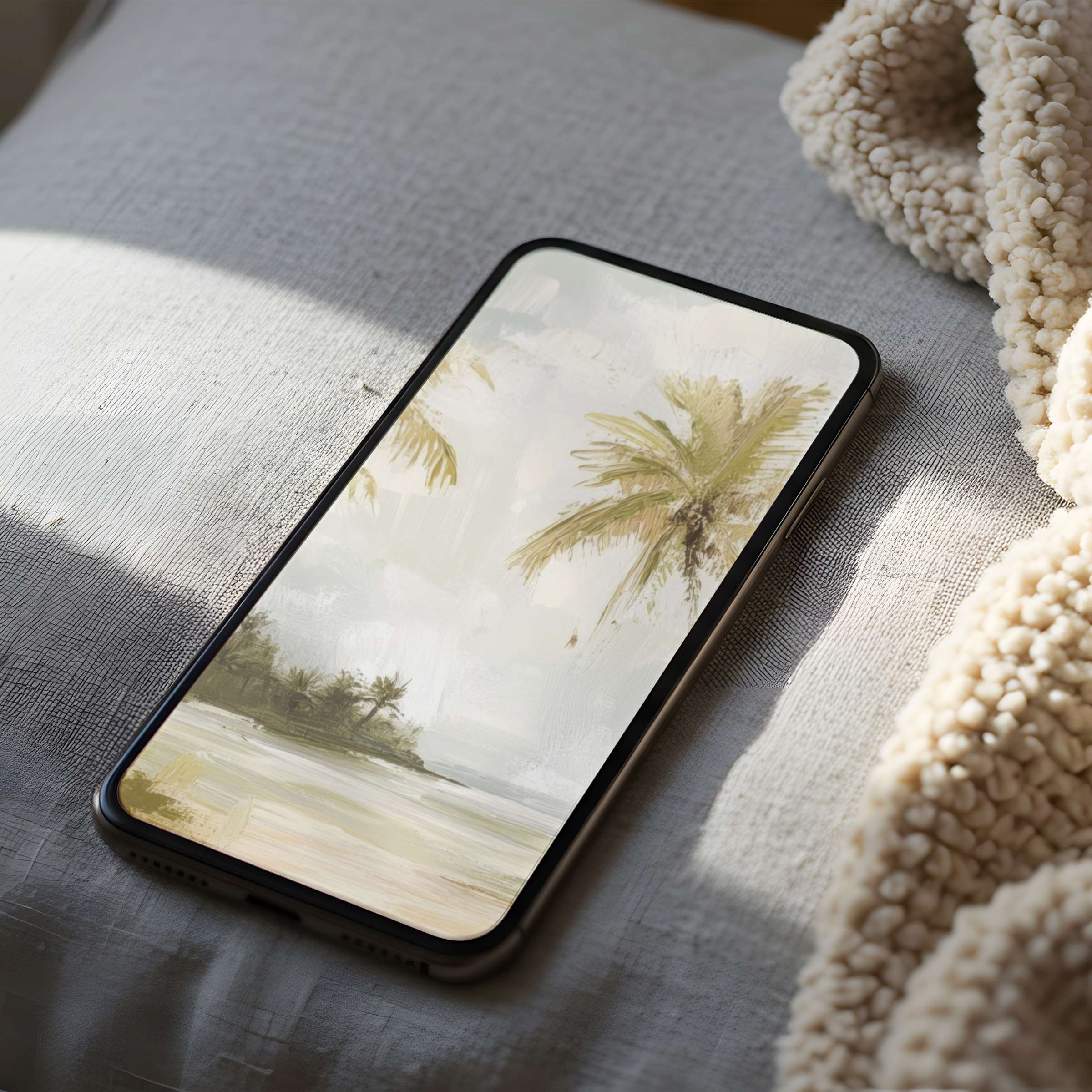 Elegant phone wallpaper featuring serene palm trees and coastal pastel tones perfect for high resolution iPhone and Android devices