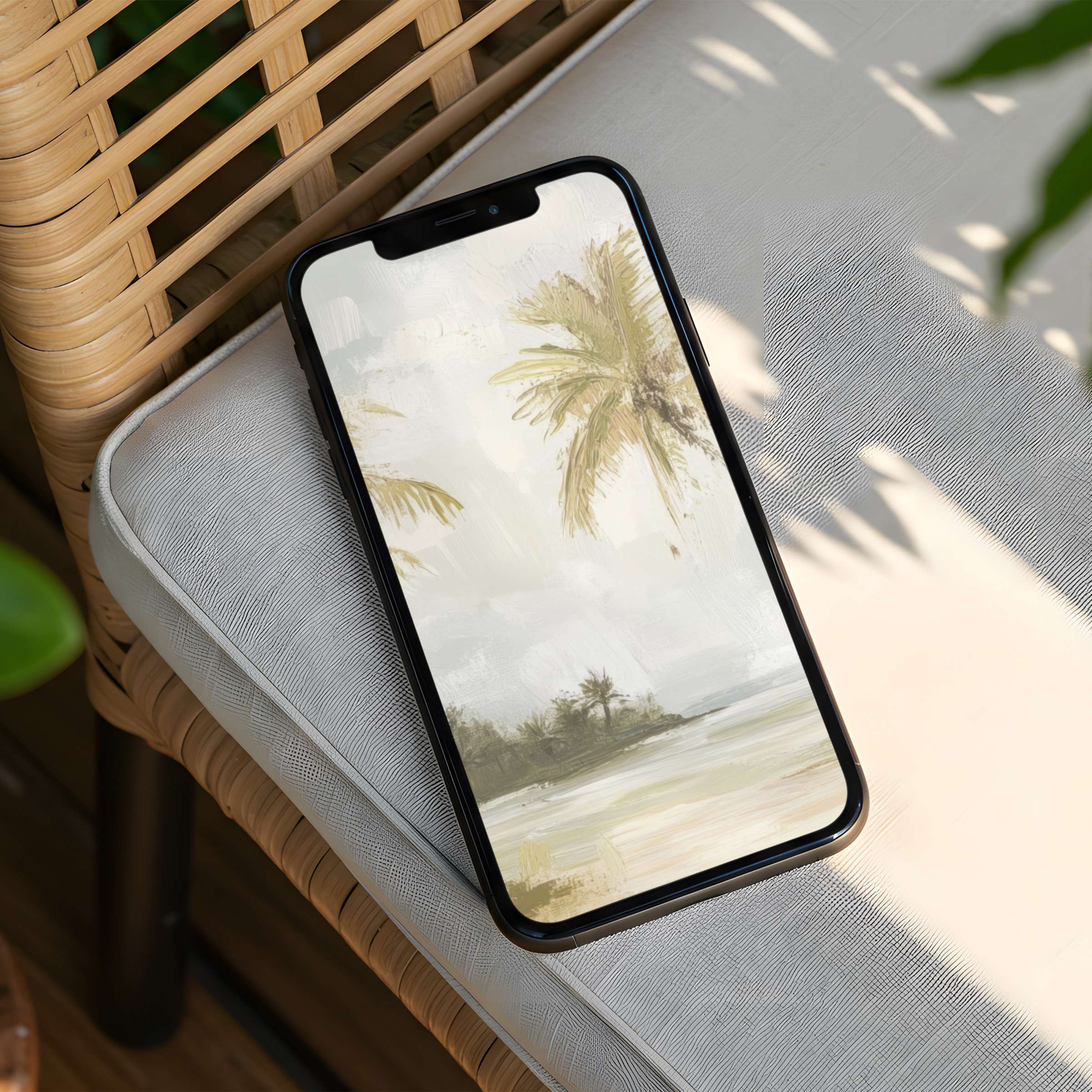 Tranquil watercolor palm tree iPhone background on phone evokes calm and elegance ideal for instant download conscious design seekers
