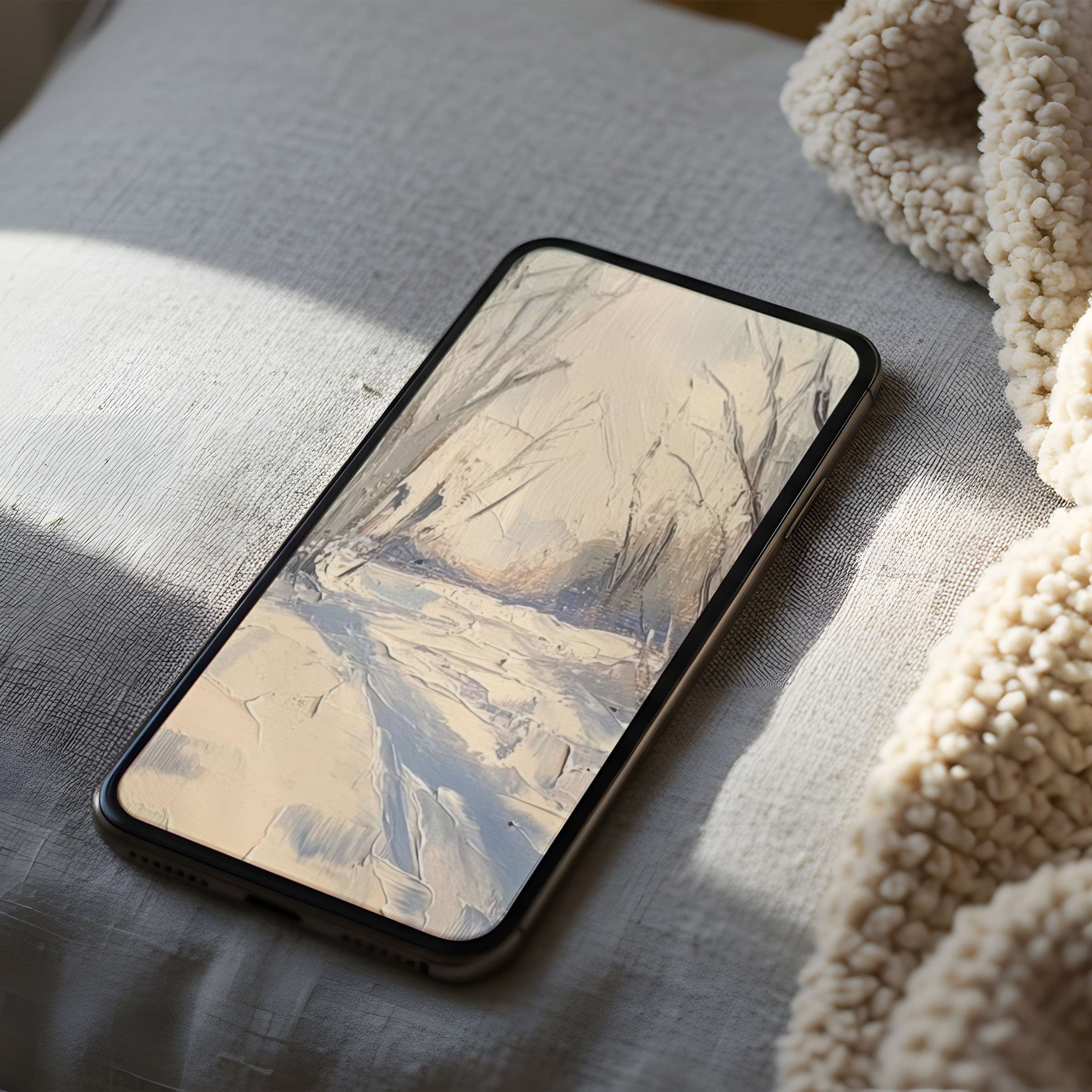 Elegant phone wallpaper featuring serene winter landscape in soft hues, high resolution for iPhone and Android digital download