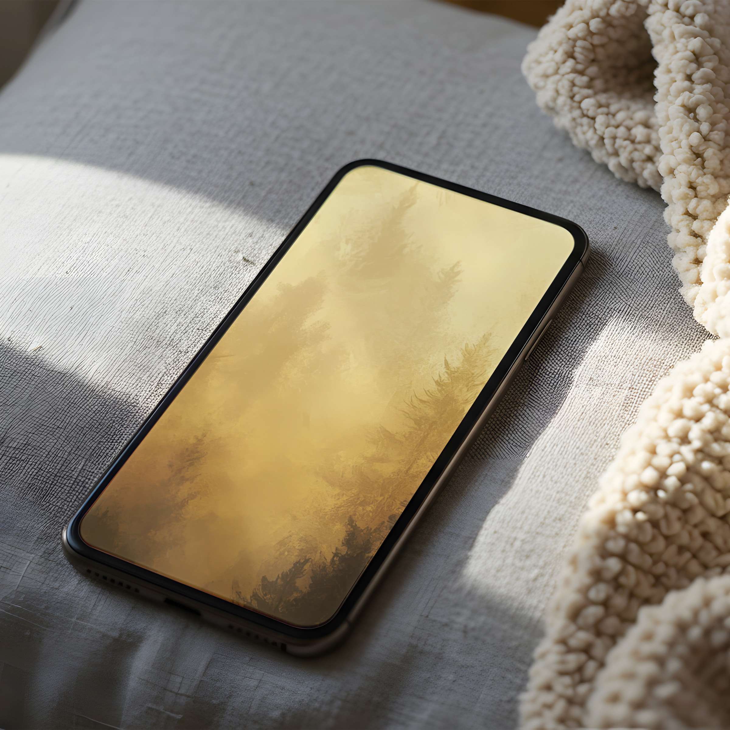 Elegant forest-themed phone wallpaper in soft gold tones offering tranquility in high resolution digital download for iPhone and android