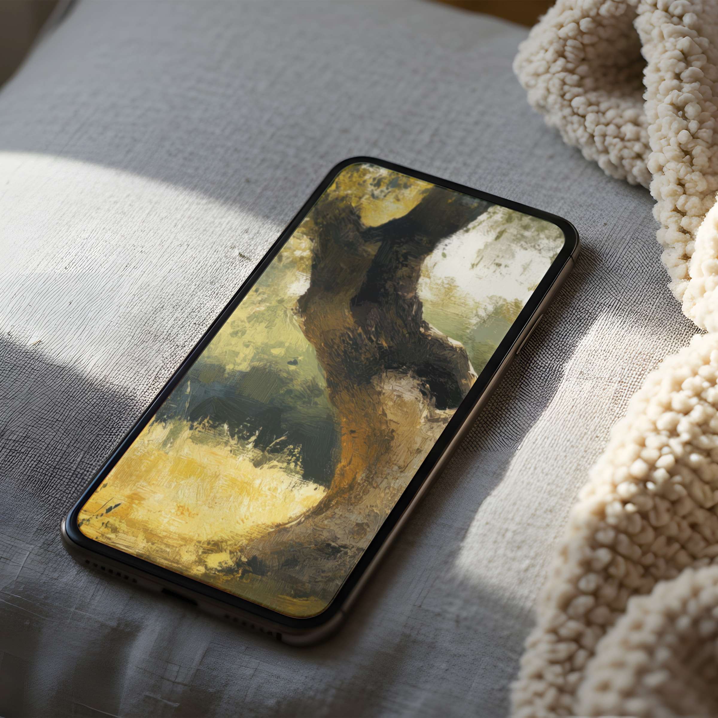 Serene phone wallpaper with abstract nature painting in earthy tones enriches any device, available in high resolution for iPhone and Android