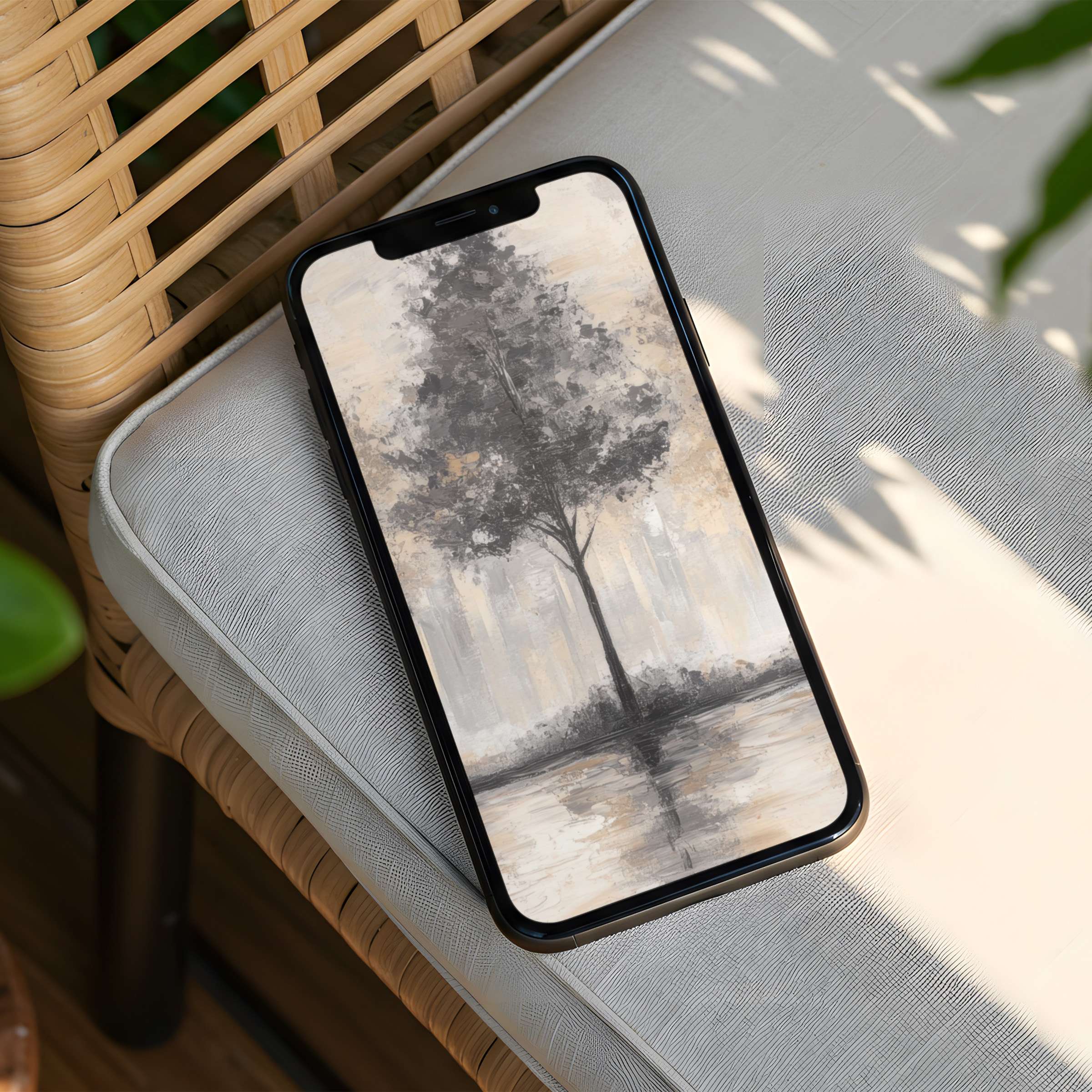 Elegant iPhone background featuring a serene grayscale tree painting offering instant download for phones inspiring calm and mindfulness