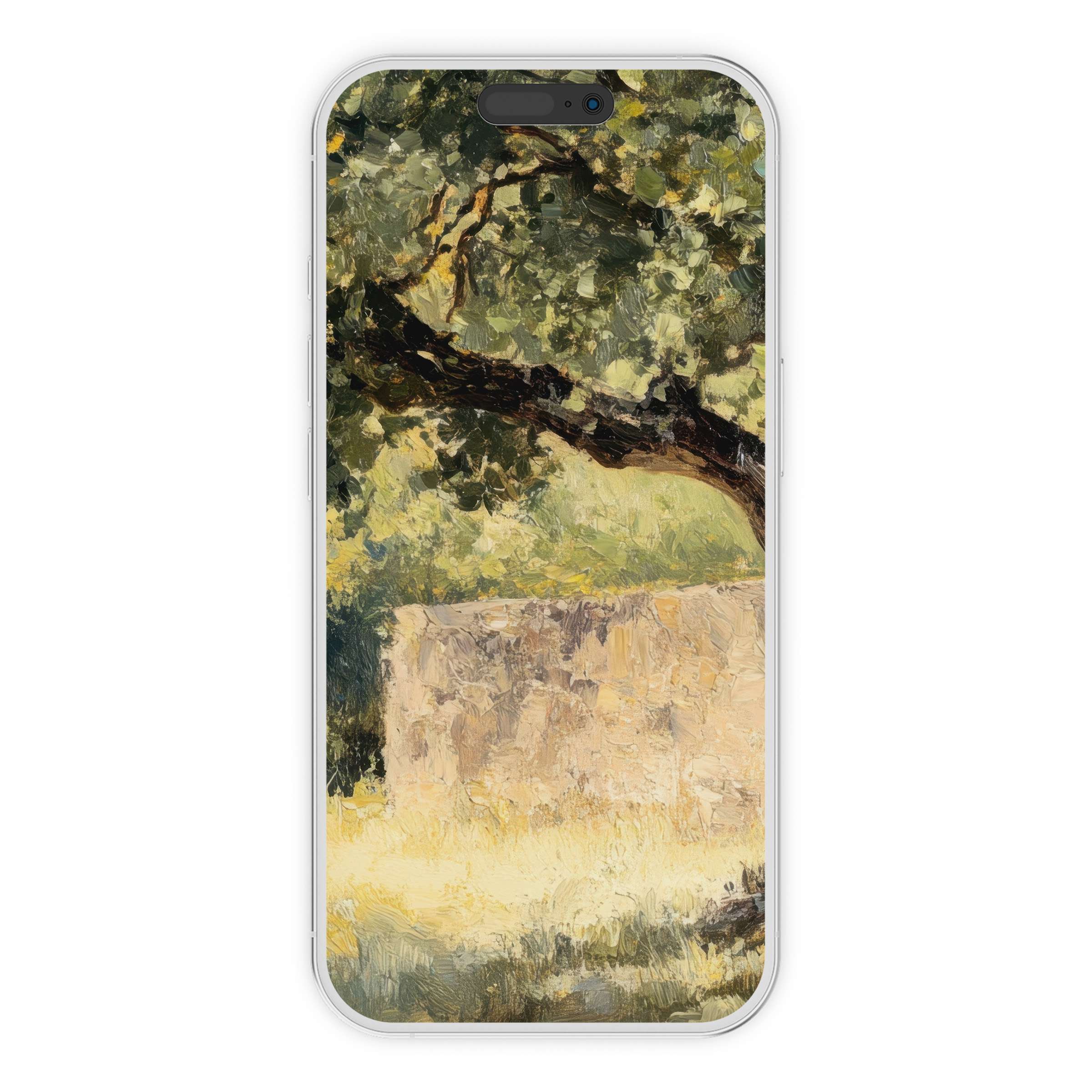 Elegant tree iPhone wallpaper features impressionist green hues and serene textures, ideal phone background digital download for calm