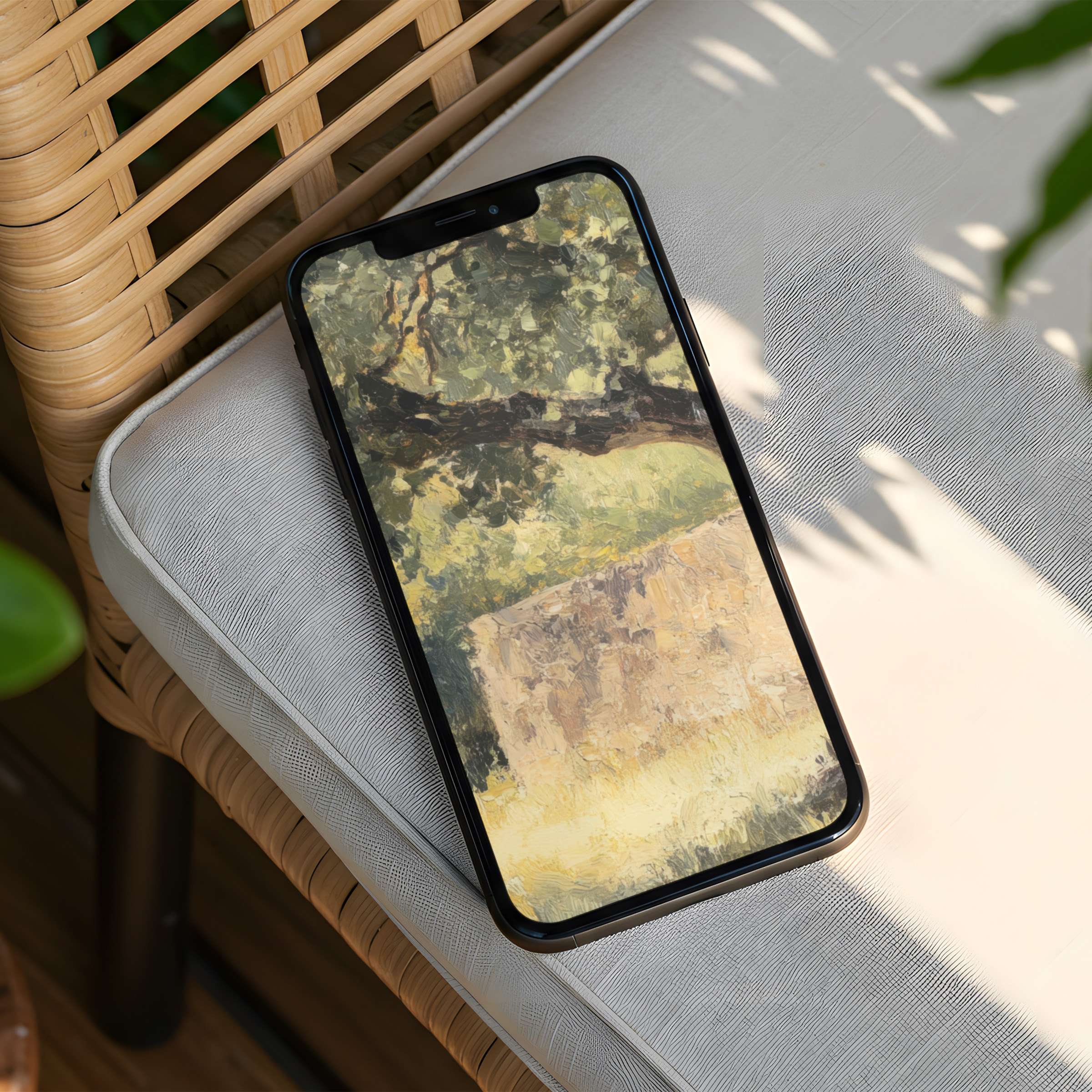 Serene impressionist landscape in earthy tones as iPhone background offering calm and inspiration with instant download for any phone