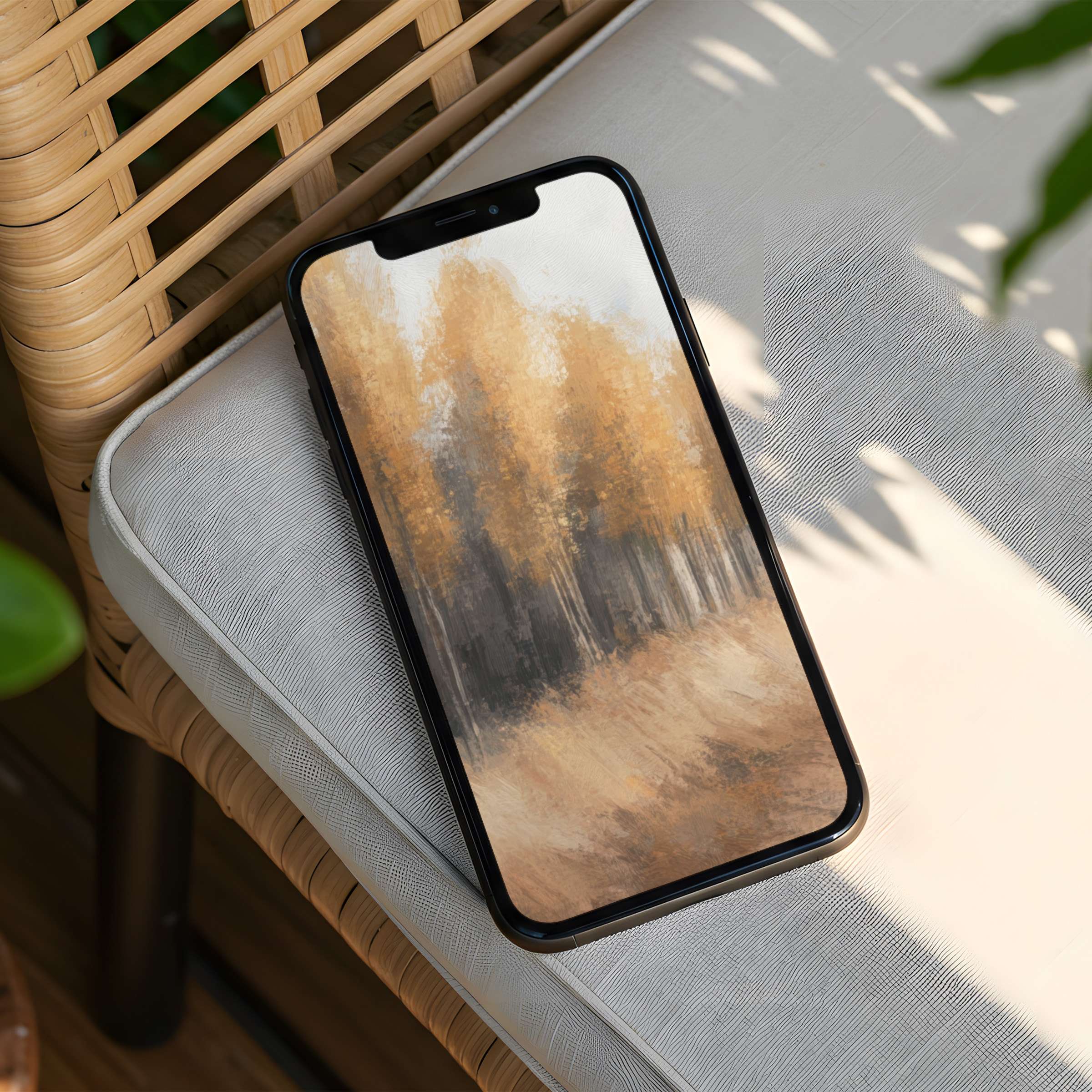 Elegant iPhone background featuring serene autumnal trees in soft browns for mindful inspiration instant download to your phone