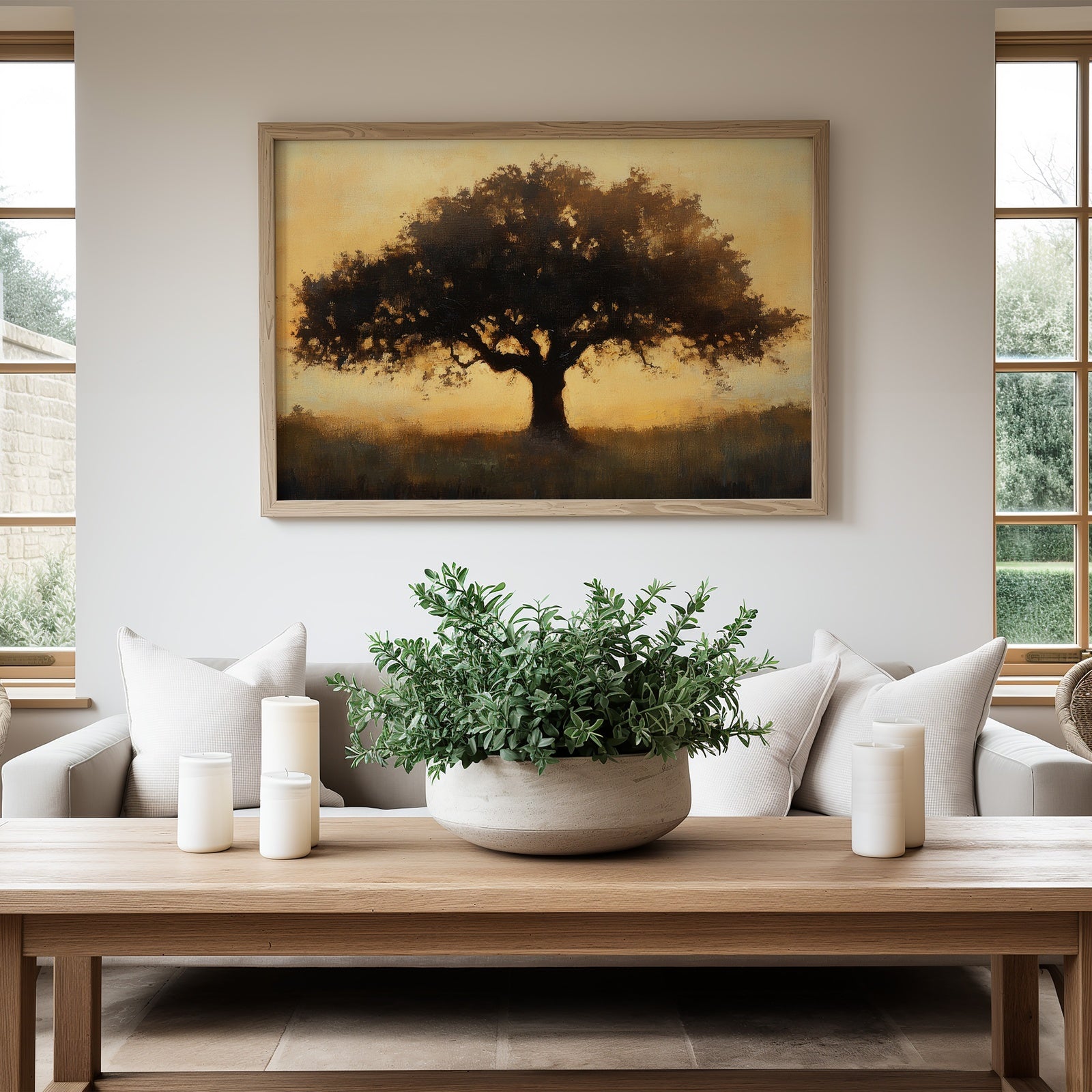 right living room with neutral decor featuring a framed digital art print of a large tree at sunset above a wooden table with a green plant centerpiece and white candles