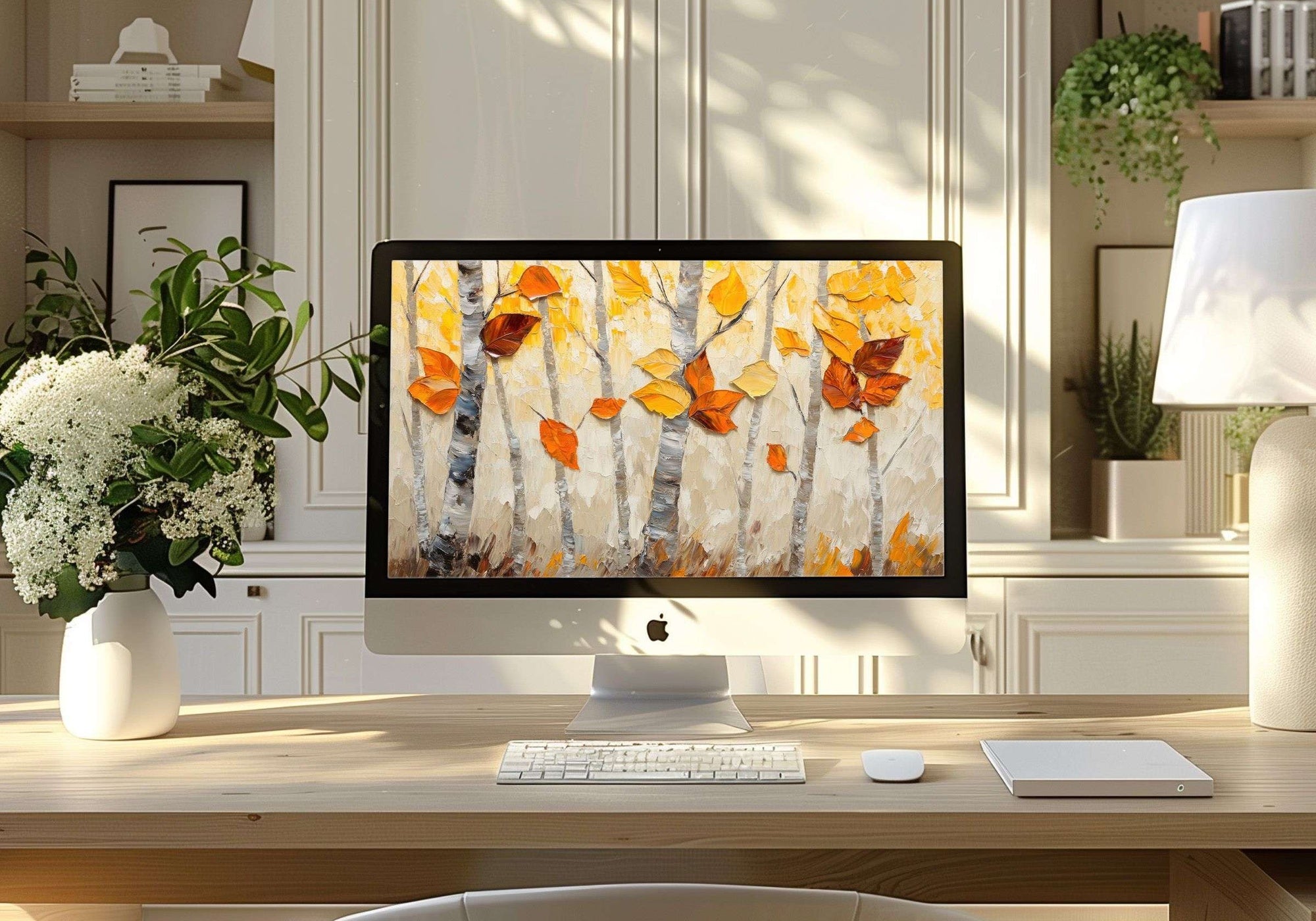 Trees desktop wallpaper featuring golden autumn leaves and birch trees - a textured digital painting that brings warmth, nature, and artistic elegance to your workspace