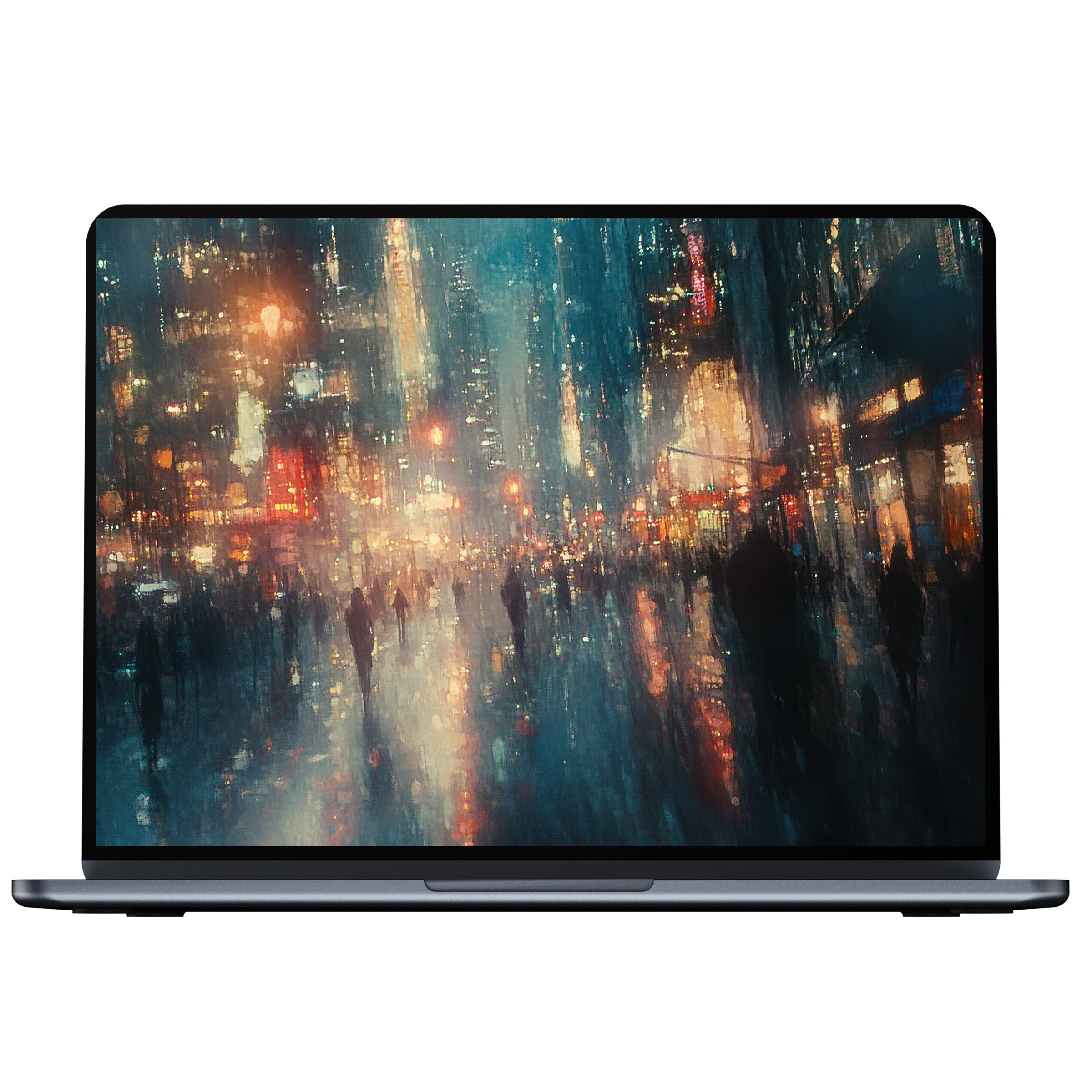 Urban art desktop wallpaper digital download featuring a moody cityscape with vibrant lights for PC, Laptop, and Mac tranquility