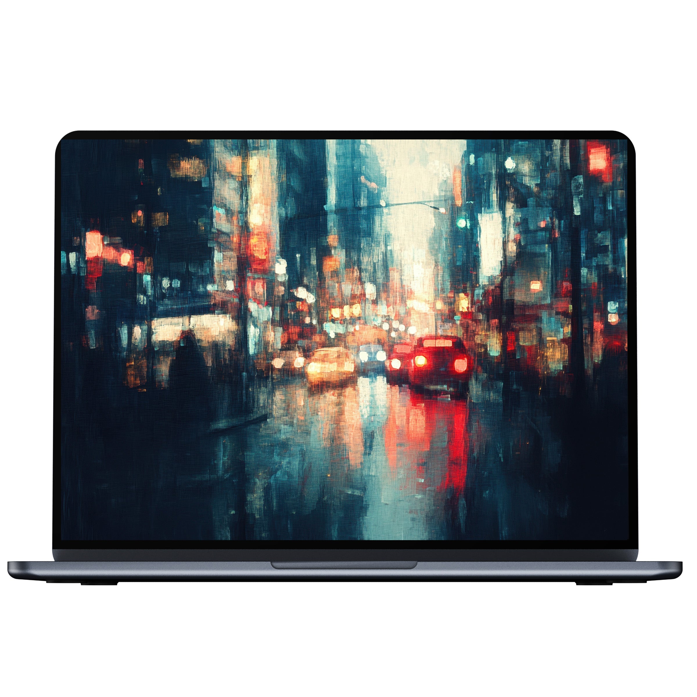 Vibrant urban art desktop wallpaper, digital download for PC and laptop, featuring elegant watercolor city lights for a calm ambiance