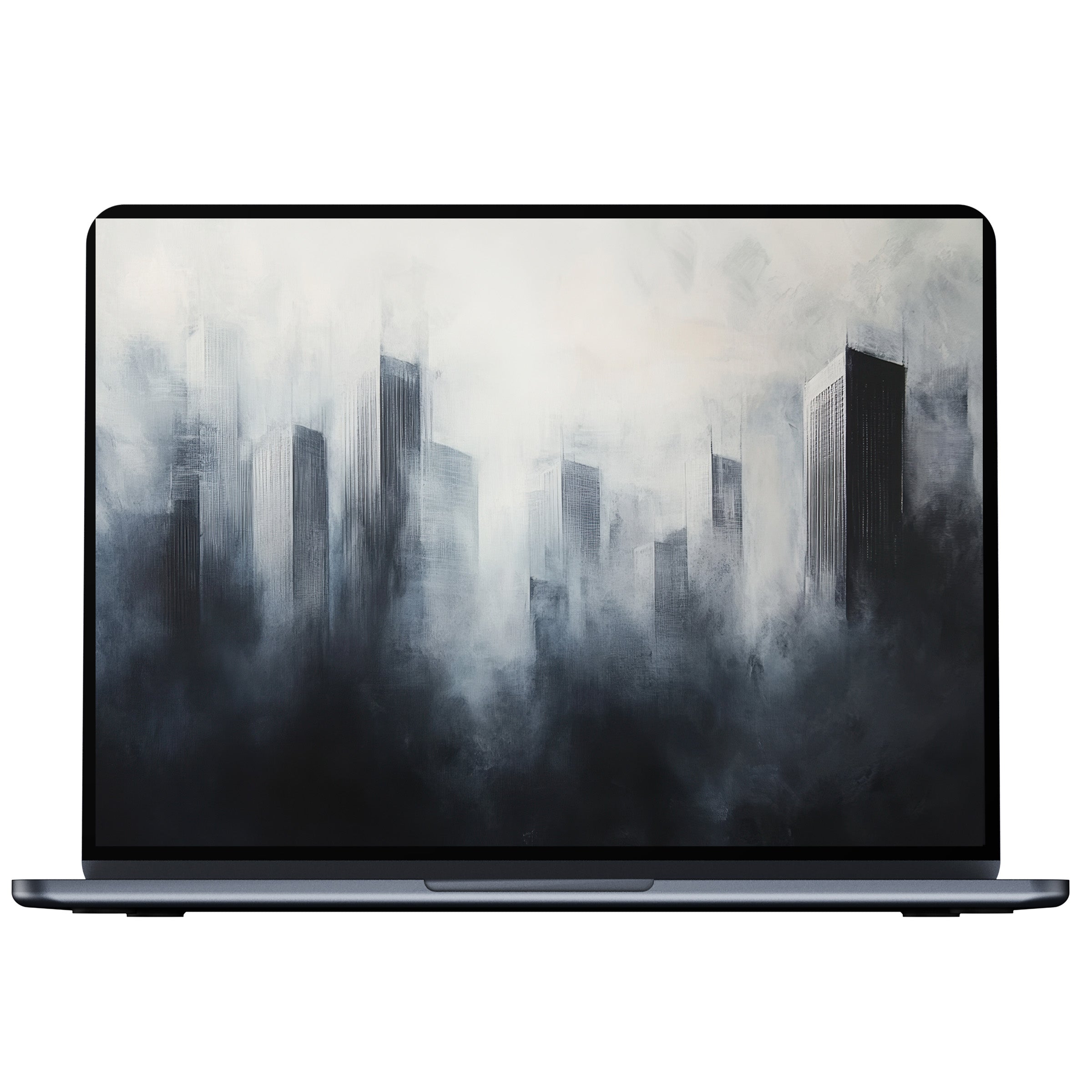 Urban art desktop wallpaper with ethereal misty skyscrapers, perfect for PC or laptop digital download to inspire calm elegance