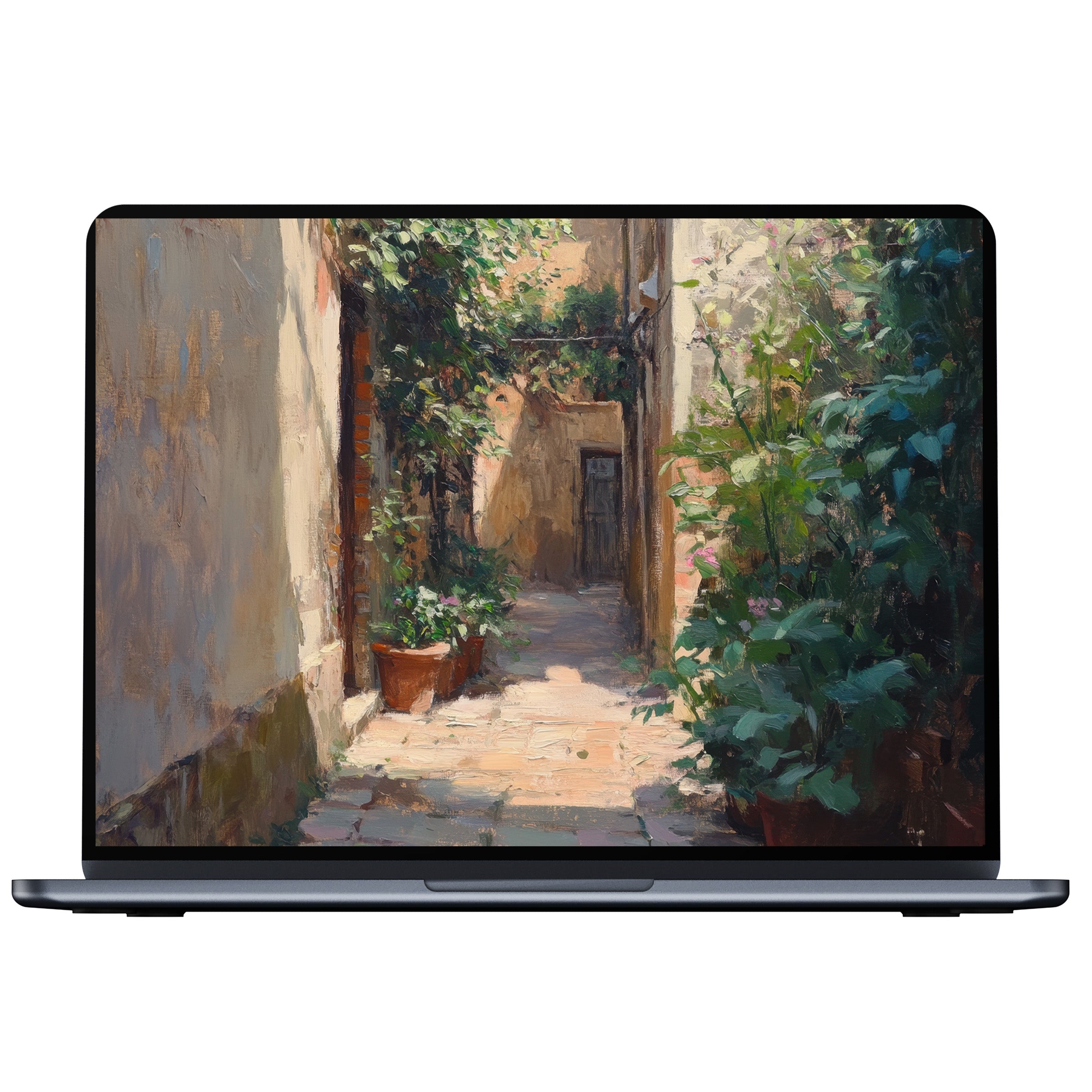 Urban art desktop wallpaper with serene alleyway painting in earth tones creates calm inspiration for PC or laptop digital download