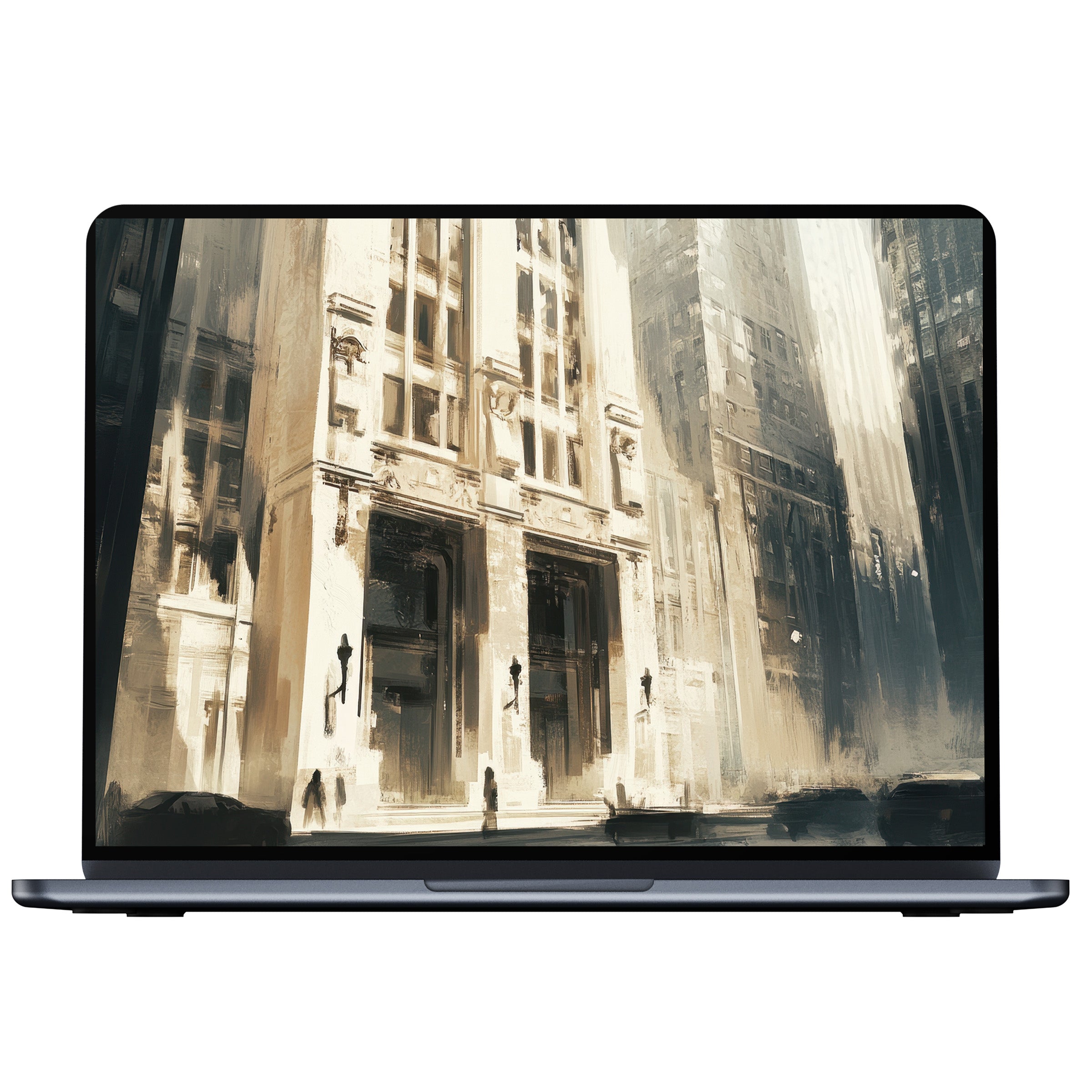 Urban art desktop wallpaper with soft hues captures serene cityscape for digital download, perfect for PC and laptop screens